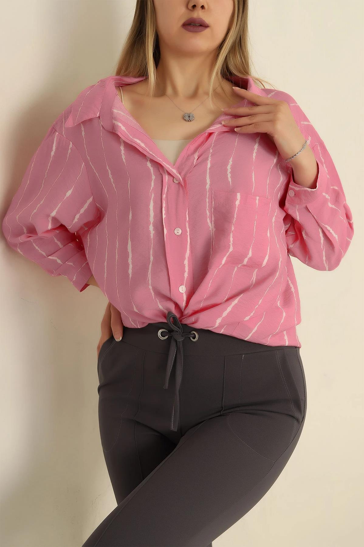 ÇİZGİLİ OVERSİZE GÖMLEK PEMBE