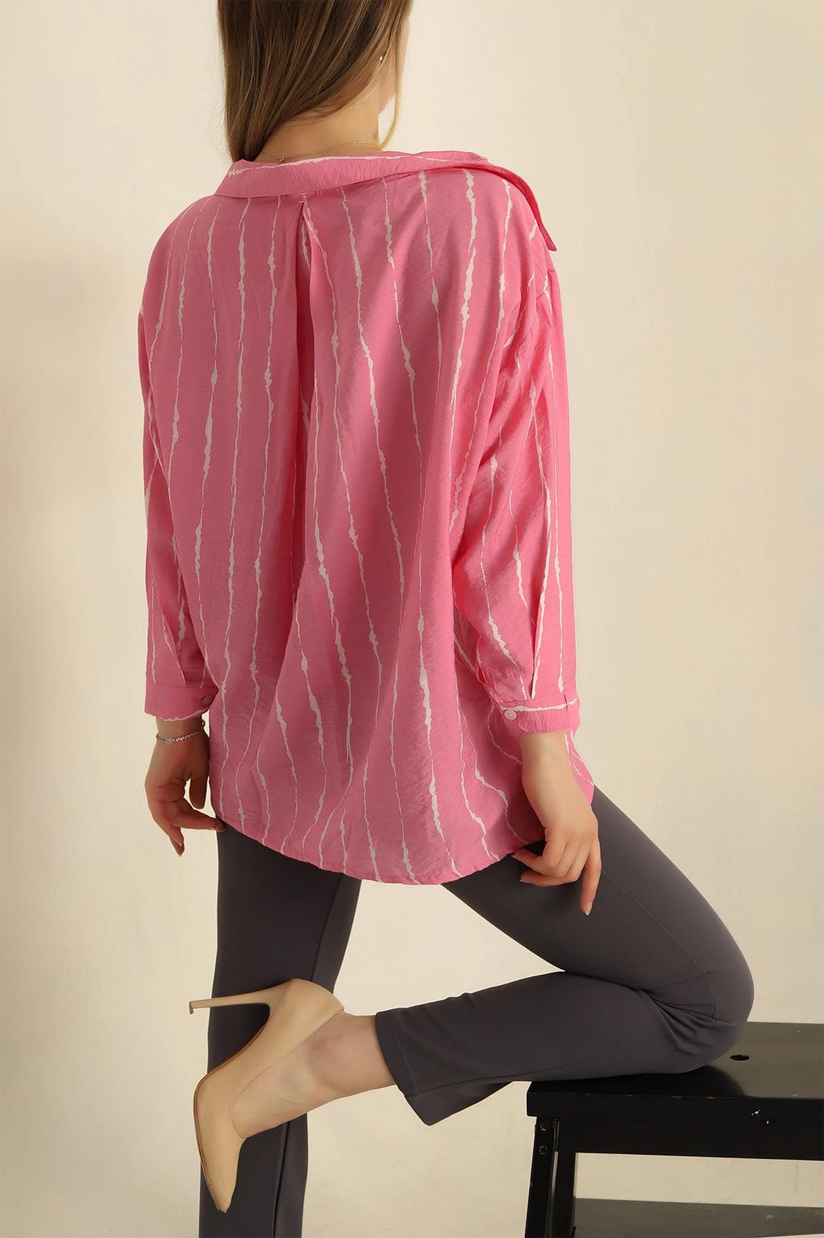 ÇİZGİLİ OVERSİZE GÖMLEK PEMBE
