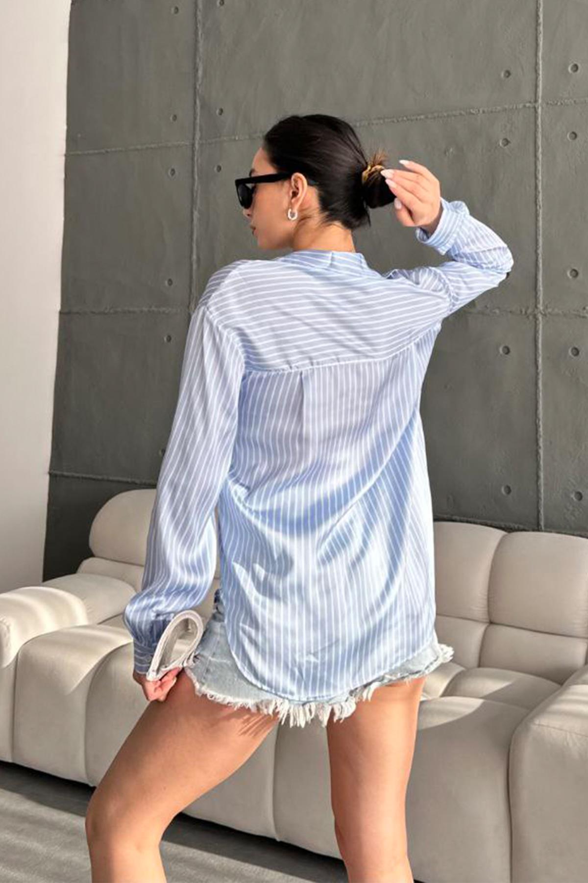 ÇİZGİLİ SATEN GÖMLEK MAVİ