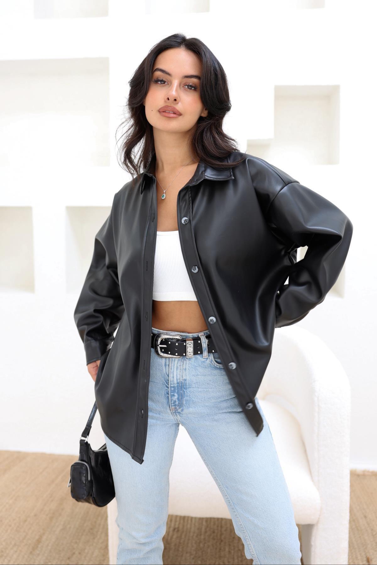 КОЖАНАЯ РУБАШКА ОВЕРСАЙЗ С ПУГОВИКАМИ