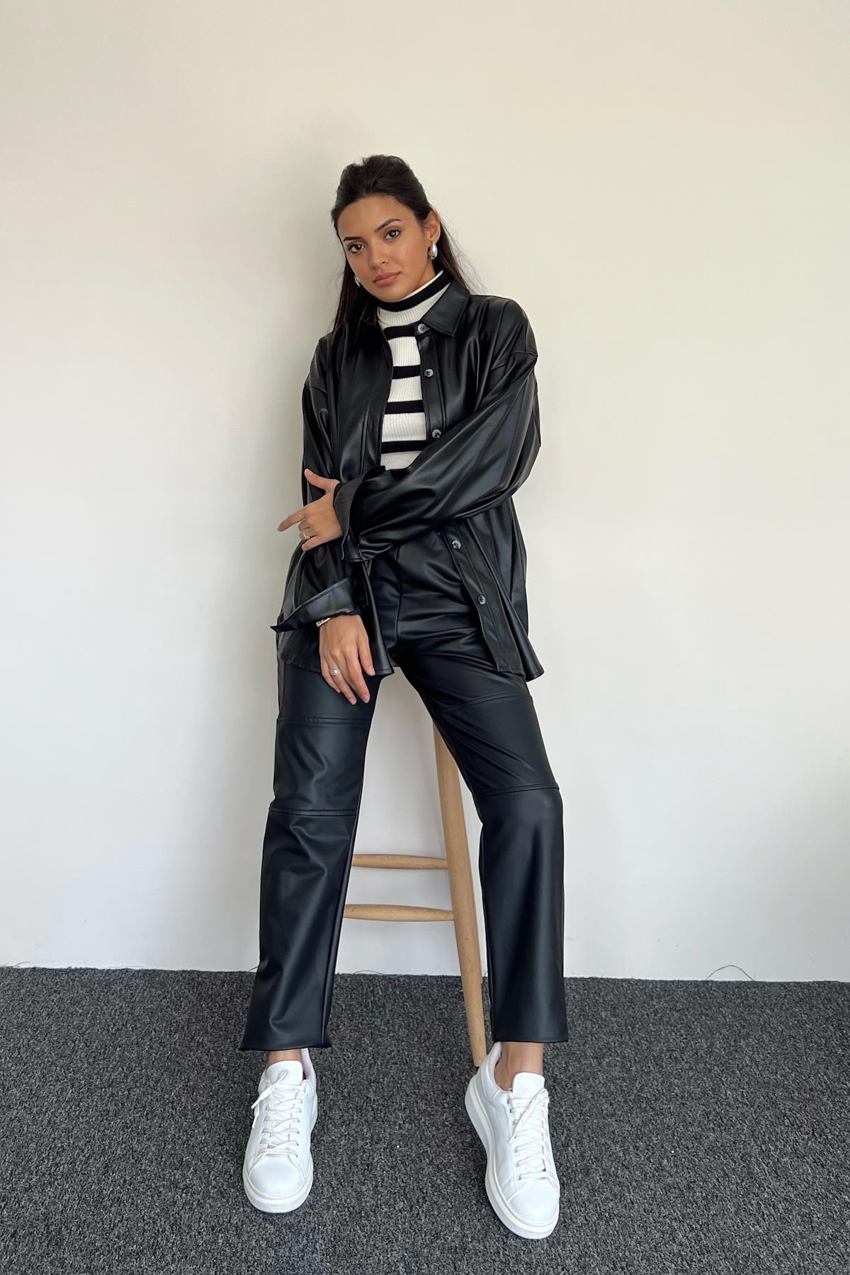 КОЖАНАЯ РУБАШКА ОВЕРСАЙЗ С ПУГОВИКАМИ