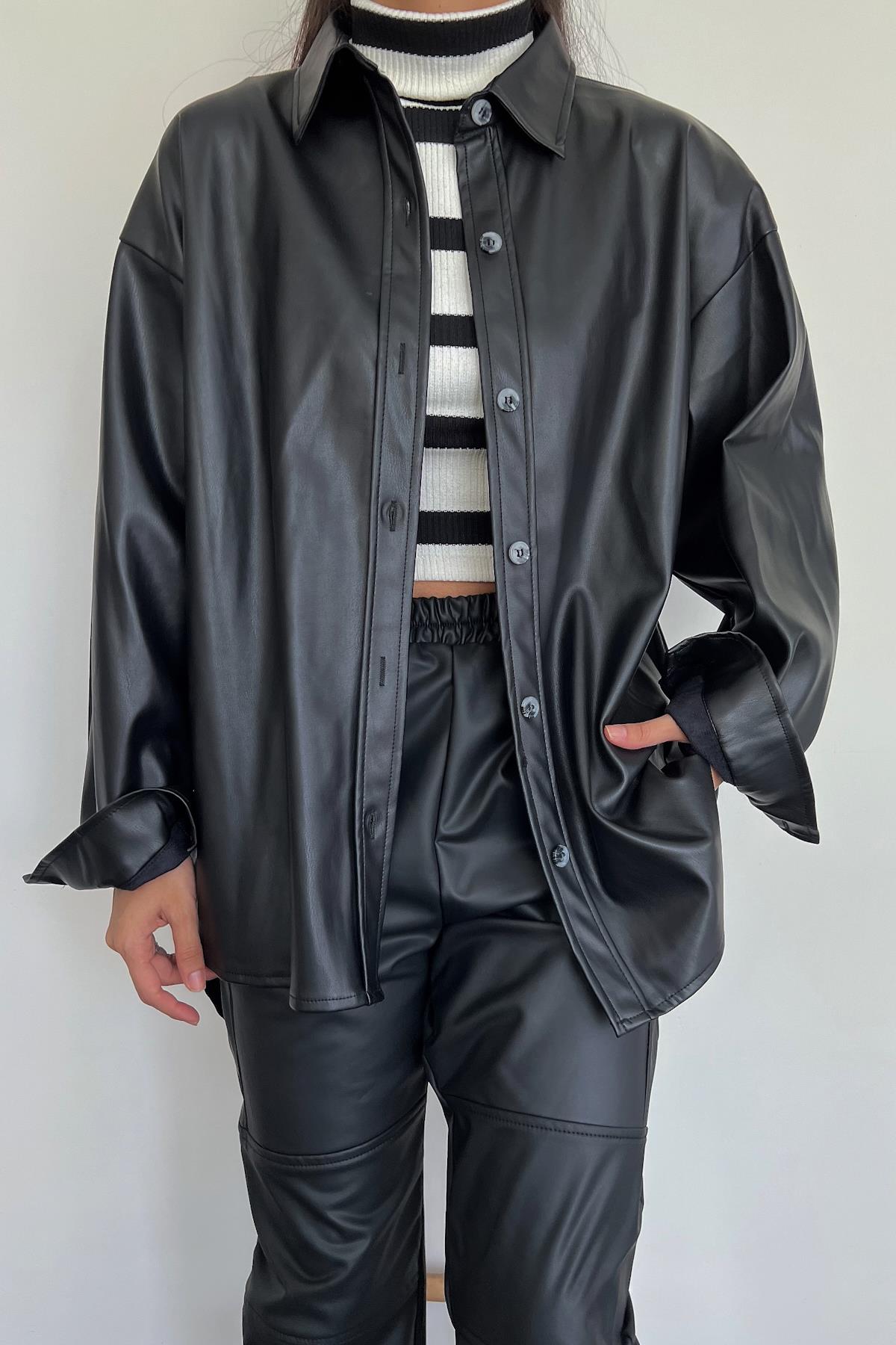 КОЖАНАЯ РУБАШКА ОВЕРСАЙЗ С ПУГОВИКАМИ