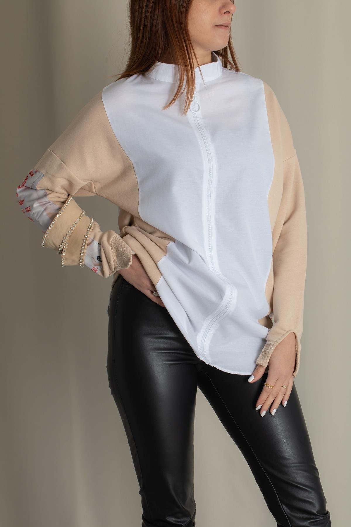 KOLLARINI TAŞ VE BASKI DETAYLI GÖMLEK BEYAZ