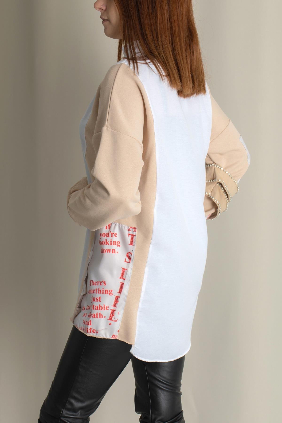 KOLLARINI TAŞ VE BASKI DETAYLI GÖMLEK BEYAZ