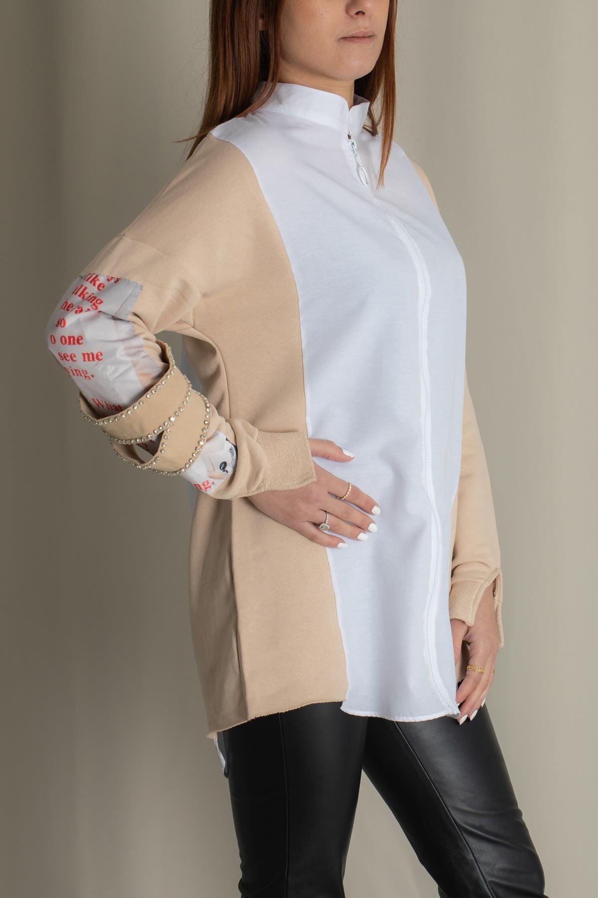 KOLLARINI TAŞ VE BASKI DETAYLI GÖMLEK BEYAZ