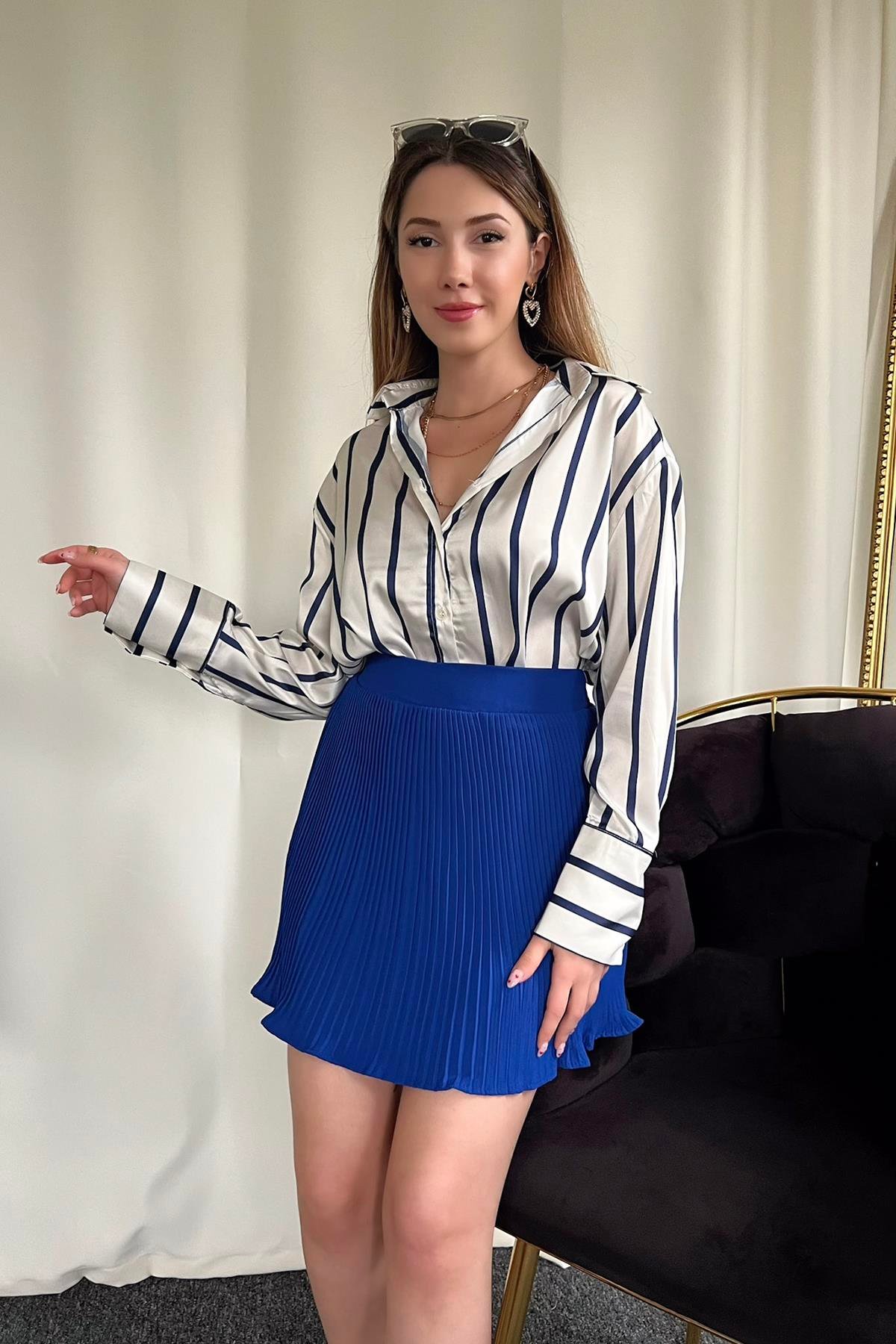 NAVY STRIPED TWILL SATIN SHIRT