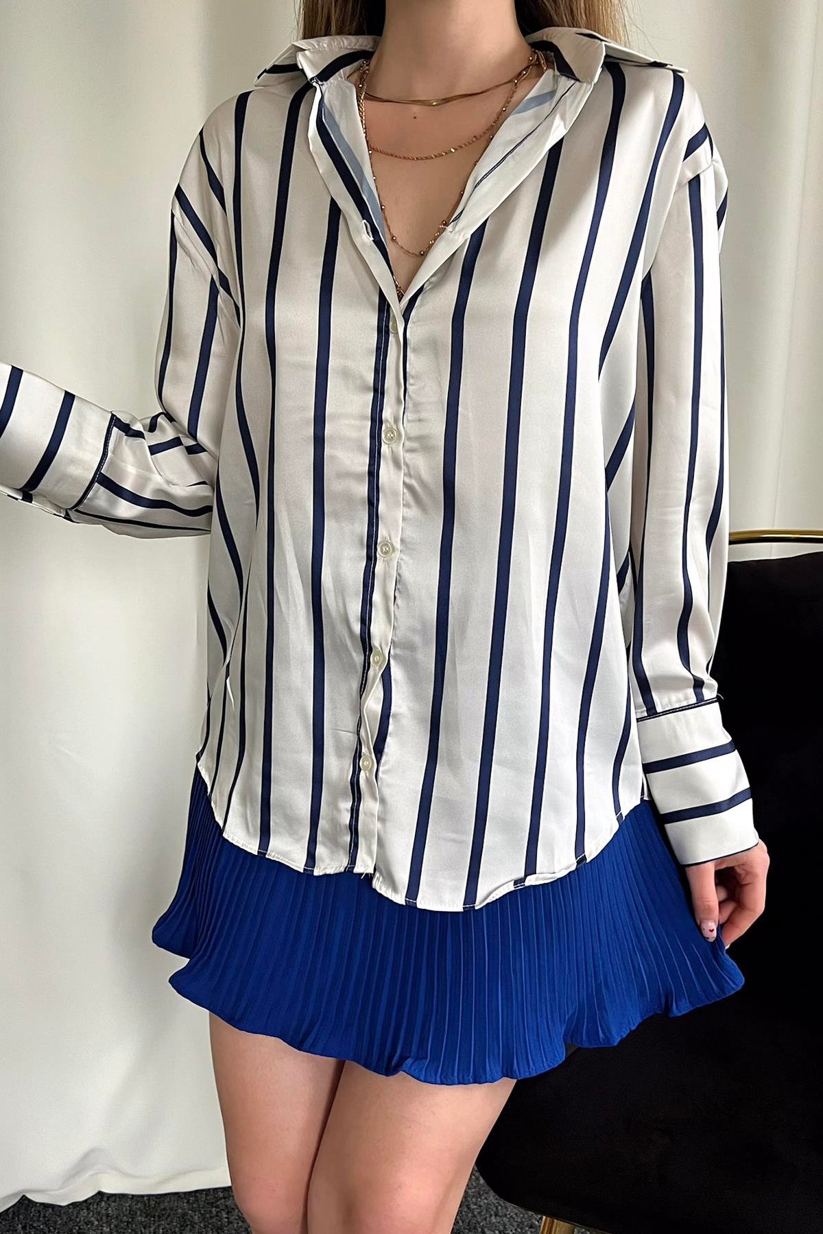 NAVY STRIPED TWILL SATIN SHIRT