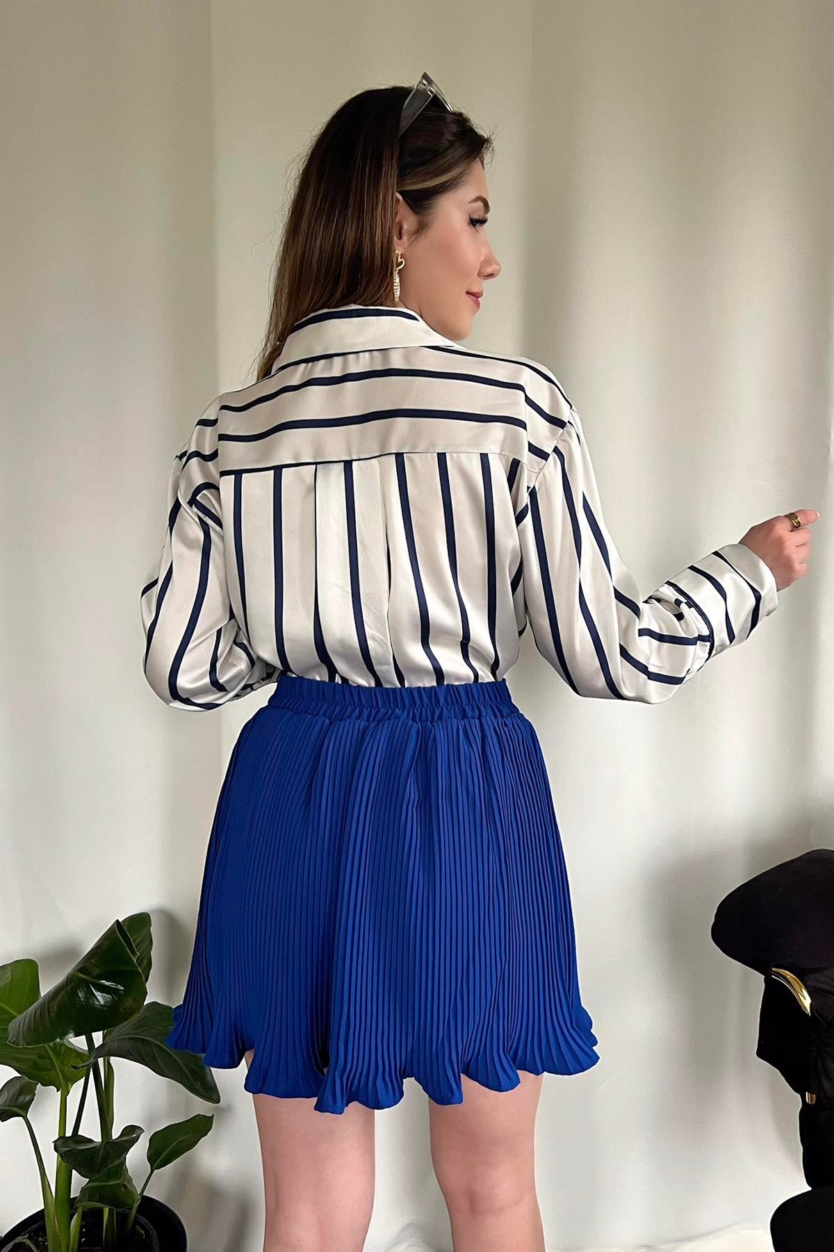 NAVY STRIPED TWILL SATIN SHIRT