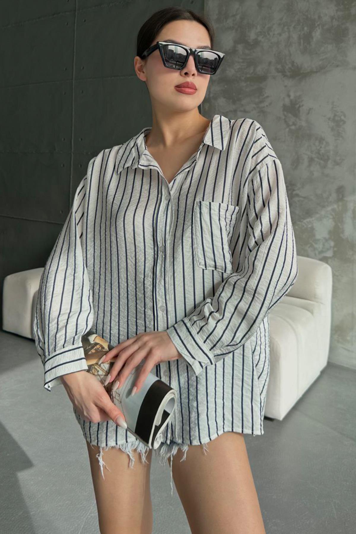 OVERSİZE CEPLİ GÖMLEK BEYAZ-MAVİ