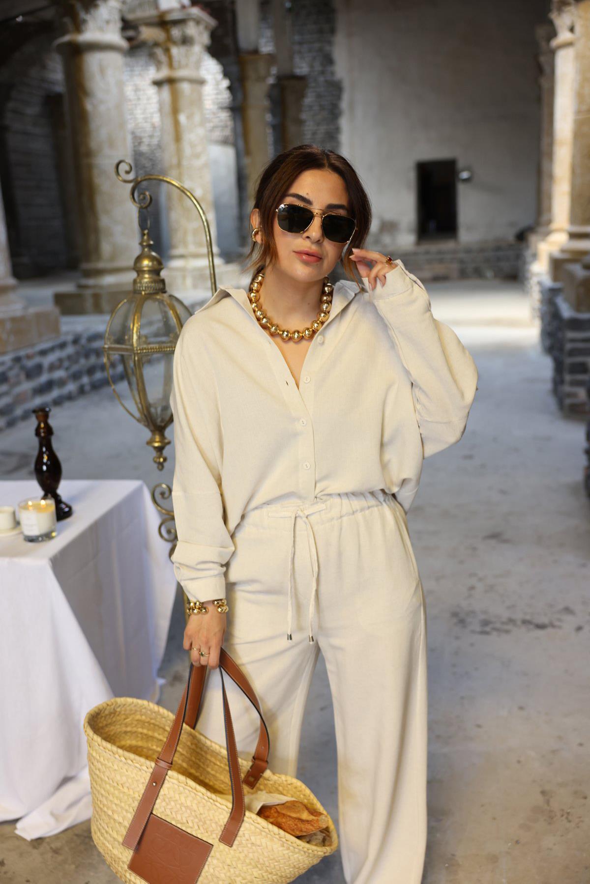 OVERSİZE KETEN GÖMLEK BEJ