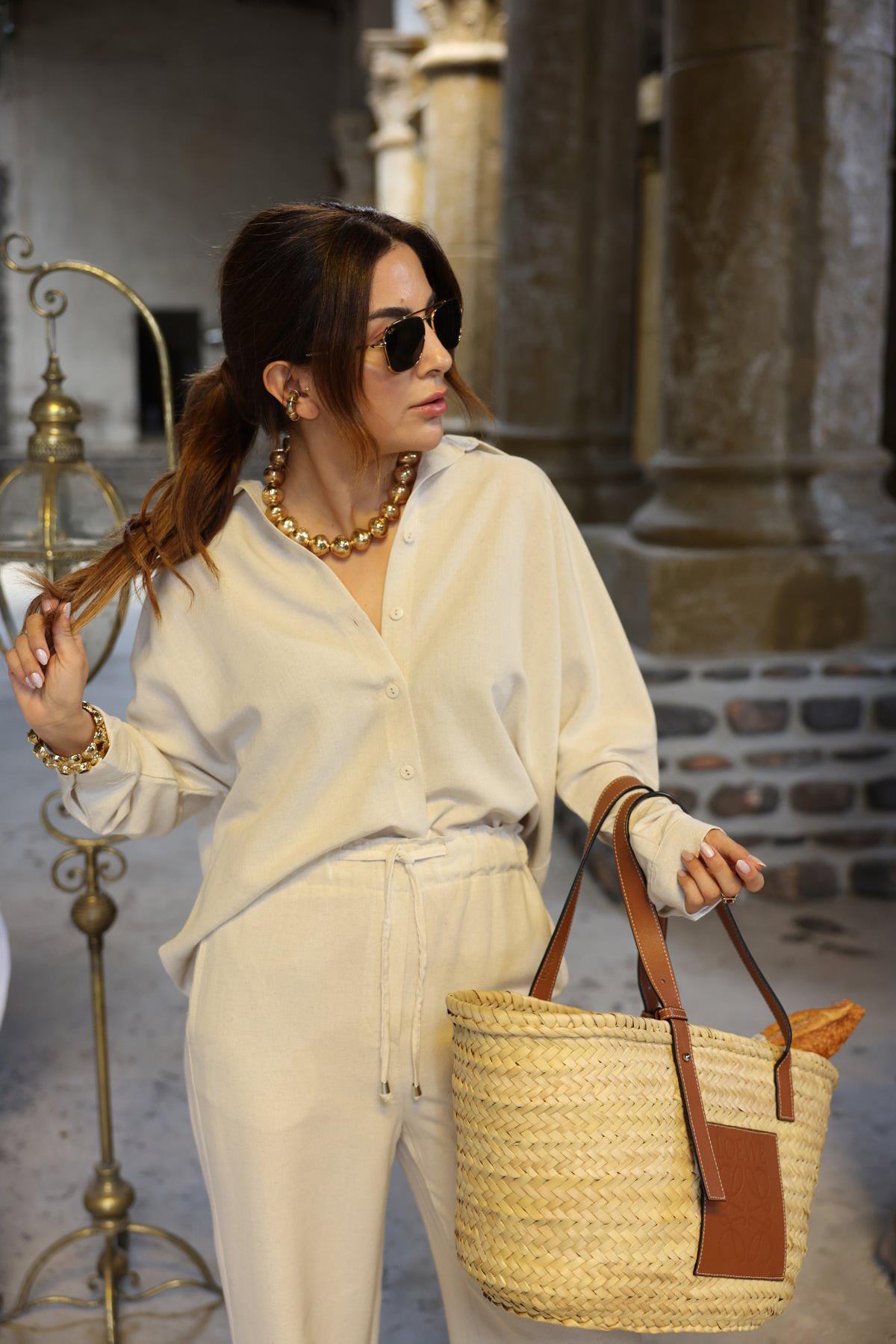 OVERSİZE KETEN GÖMLEK BEJ