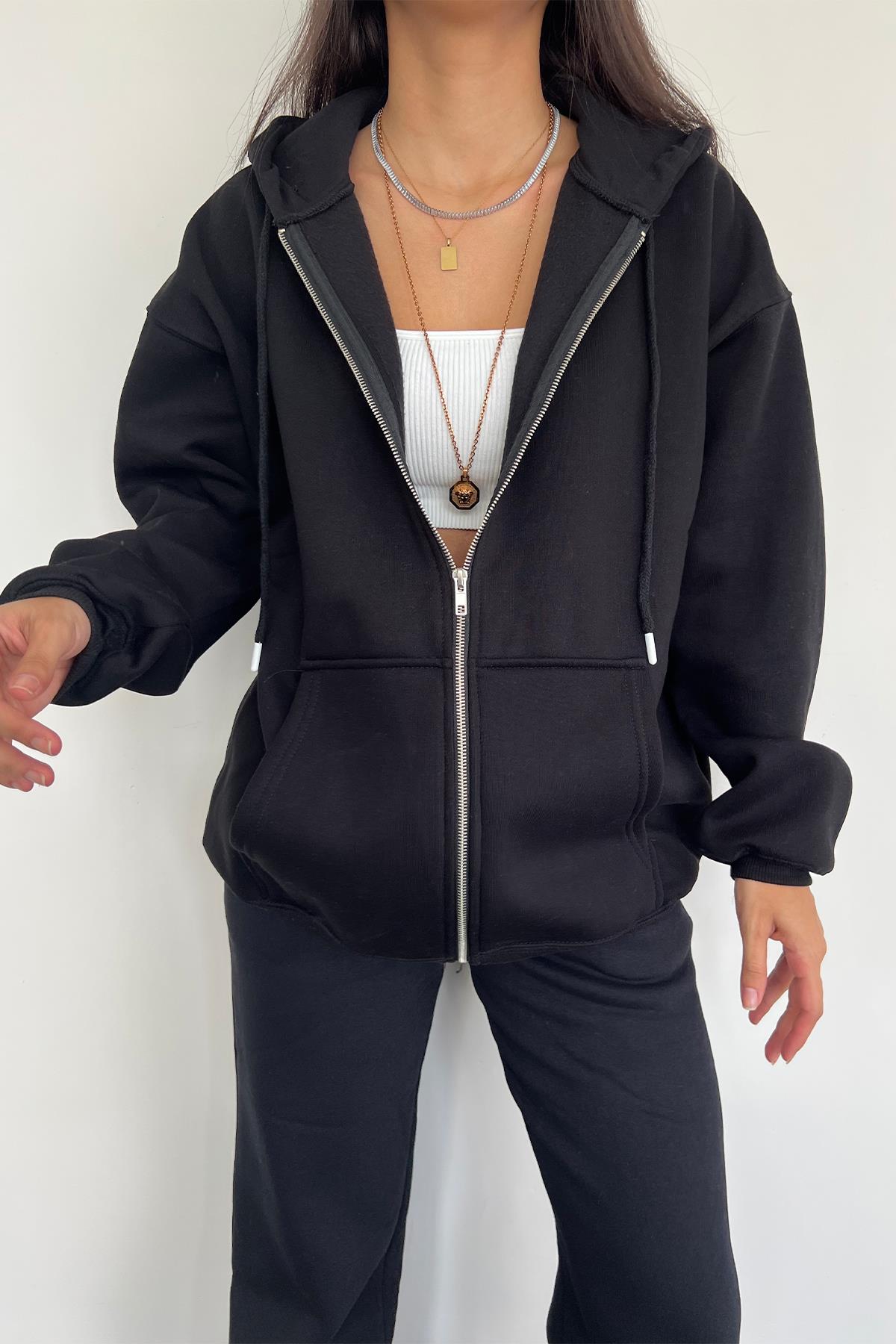 3 THREAD ZIPPER HOODED CARDIGAN