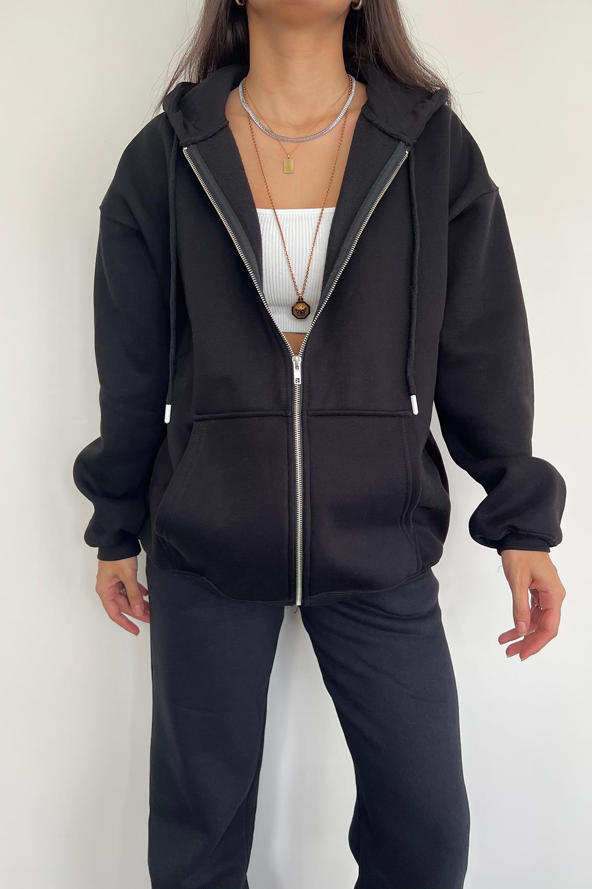 3 THREAD ZIPPER HOODED CARDIGAN