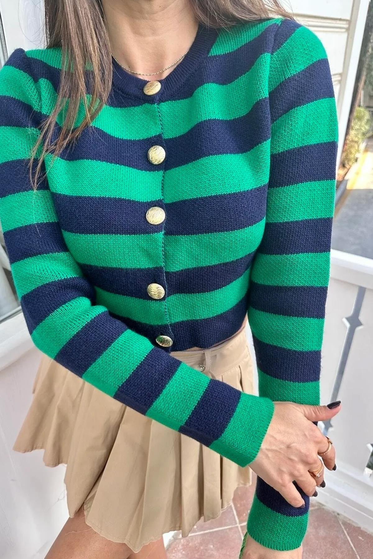 BİSİKLET YAKA ÇİZGİLİ TRİKO HIRKA YEŞİL-LACİ