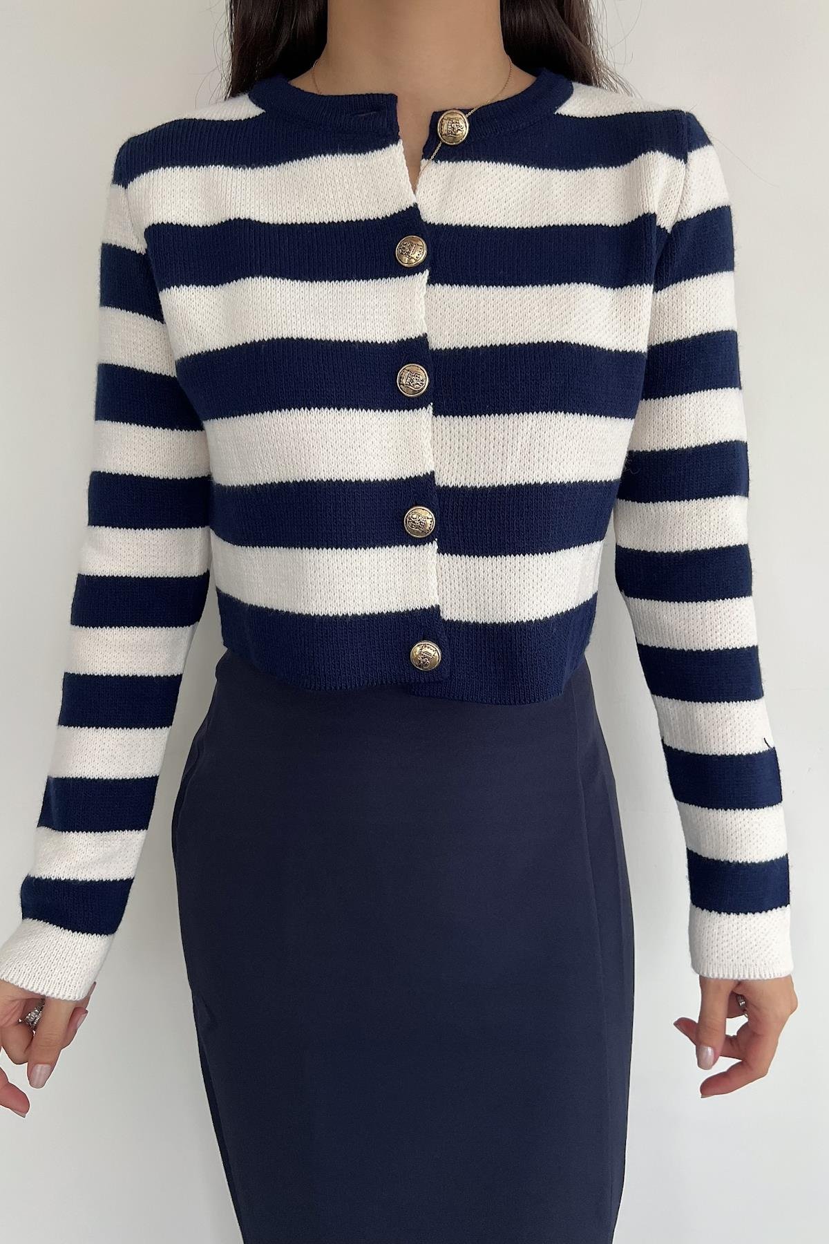 BİSİKLET YAKA ÇİZGİLİ TRİKO HIRKA LACİVERT-BEYAZ