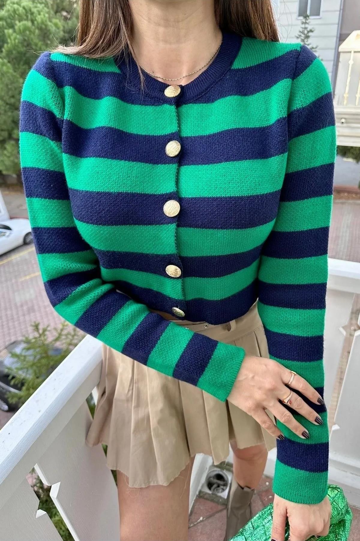 BİSİKLET YAKA ÇİZGİLİ TRİKO HIRKA YEŞİL-LACİ