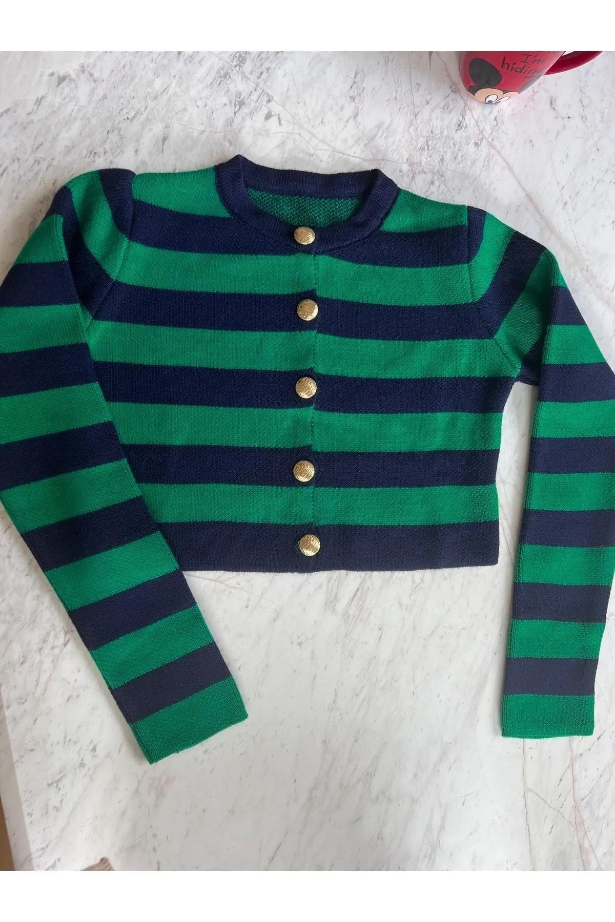 BİSİKLET YAKA ÇİZGİLİ TRİKO HIRKA YEŞİL-LACİ