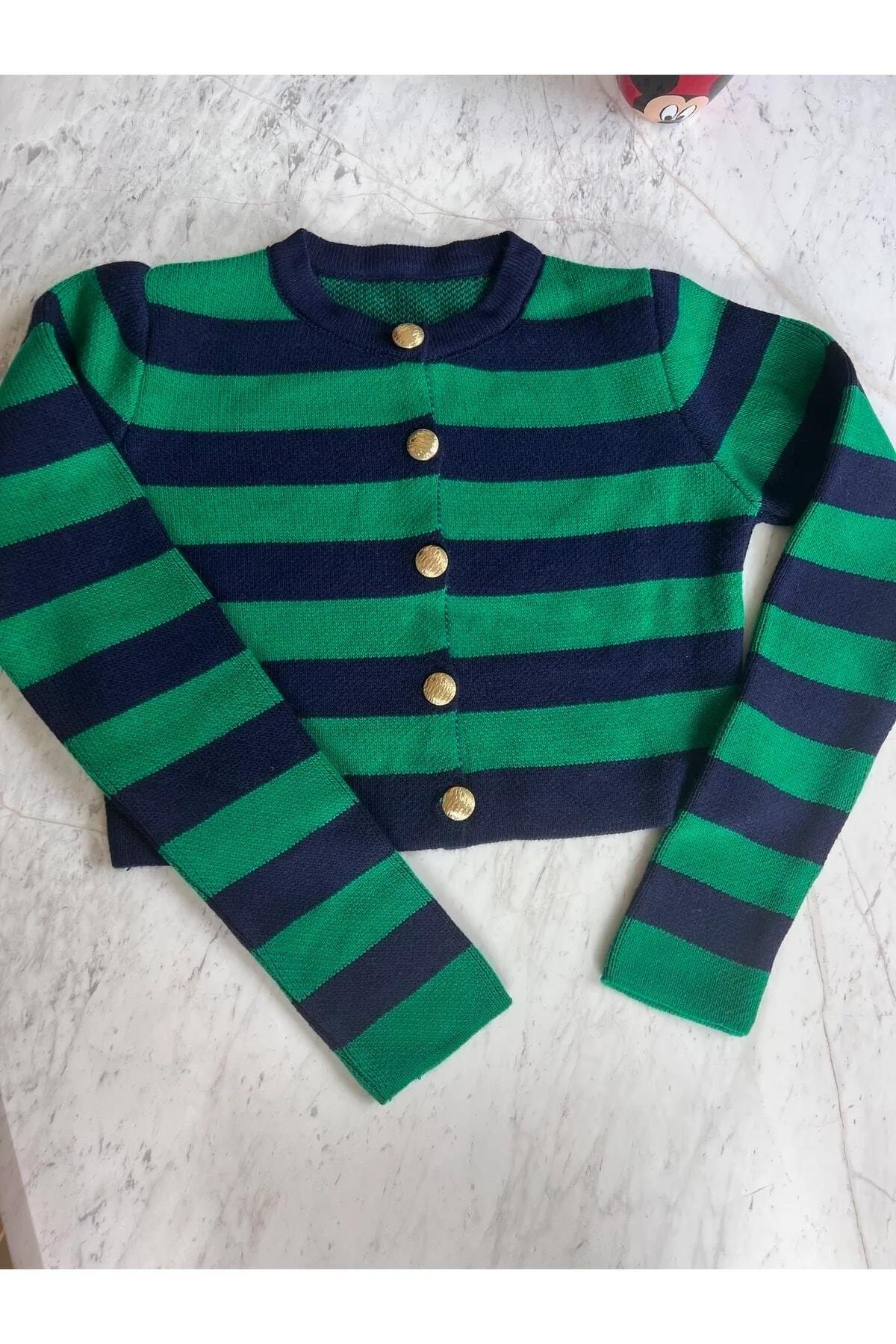 BİSİKLET YAKA ÇİZGİLİ TRİKO HIRKA YEŞİL-LACİ