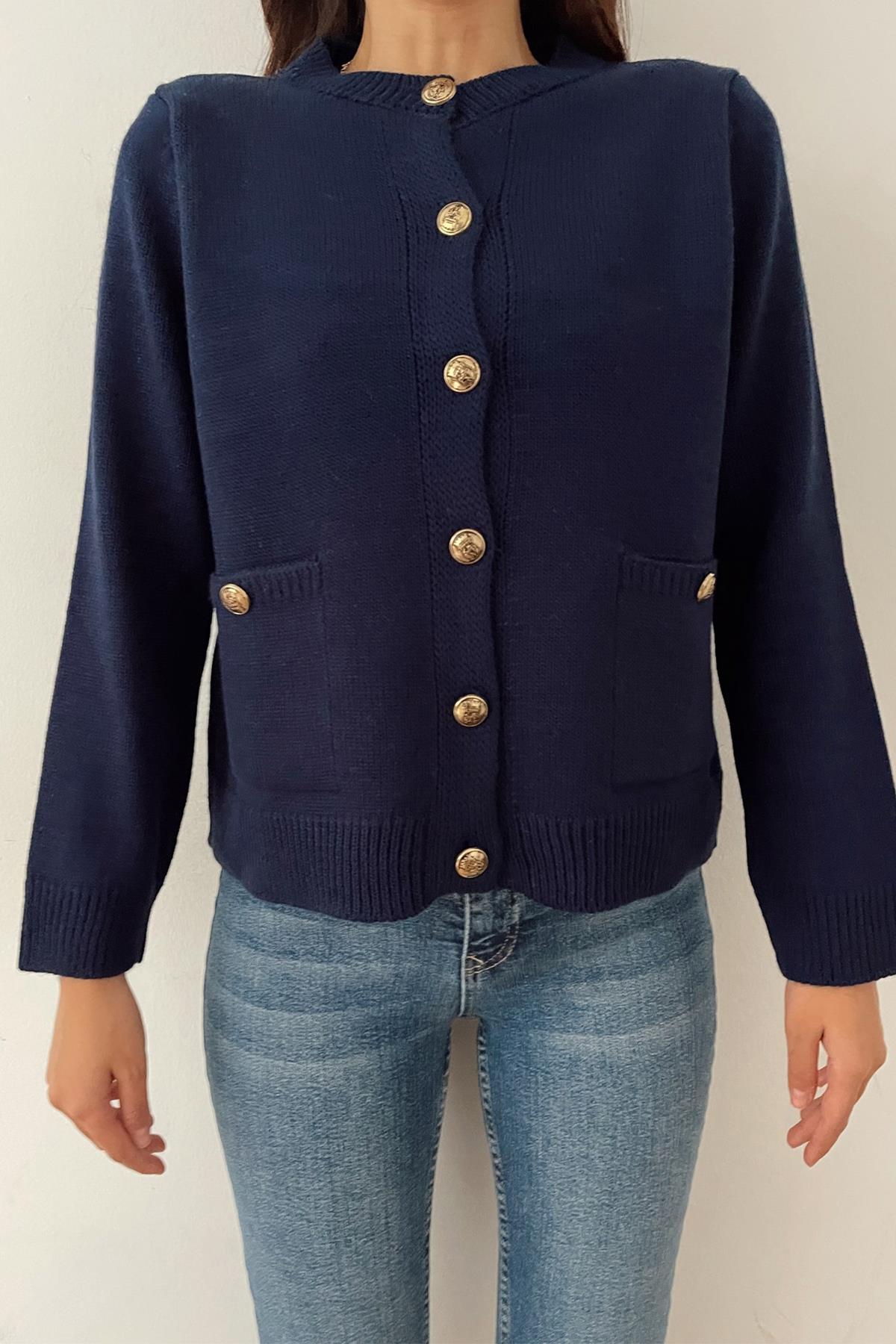 CEPLİ DÜĞME DETAYLI TRİKO HIRKA LACİVERT