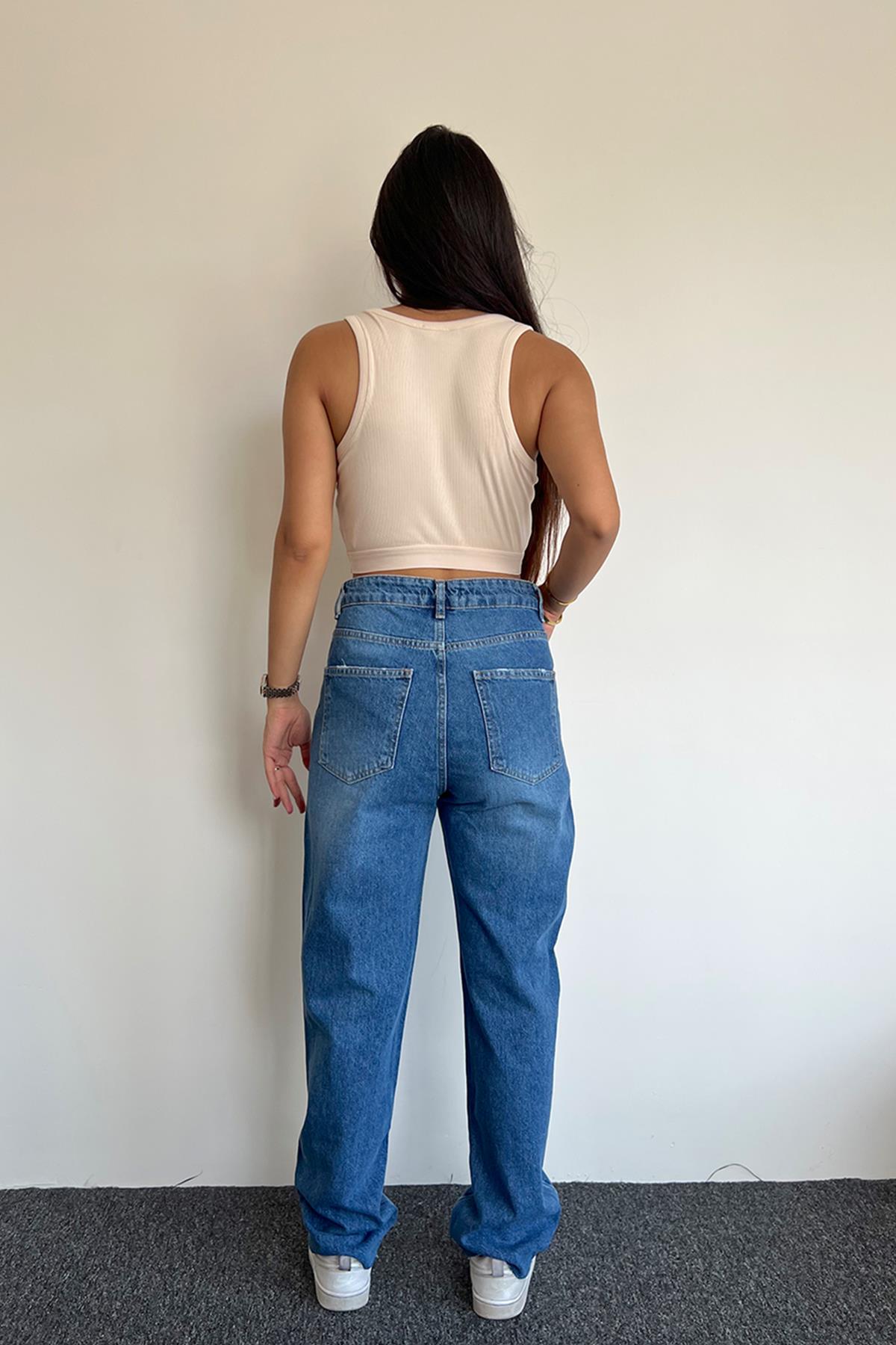 PAÇASI KESİK DETAYLI JEANS KOYU MAVİ