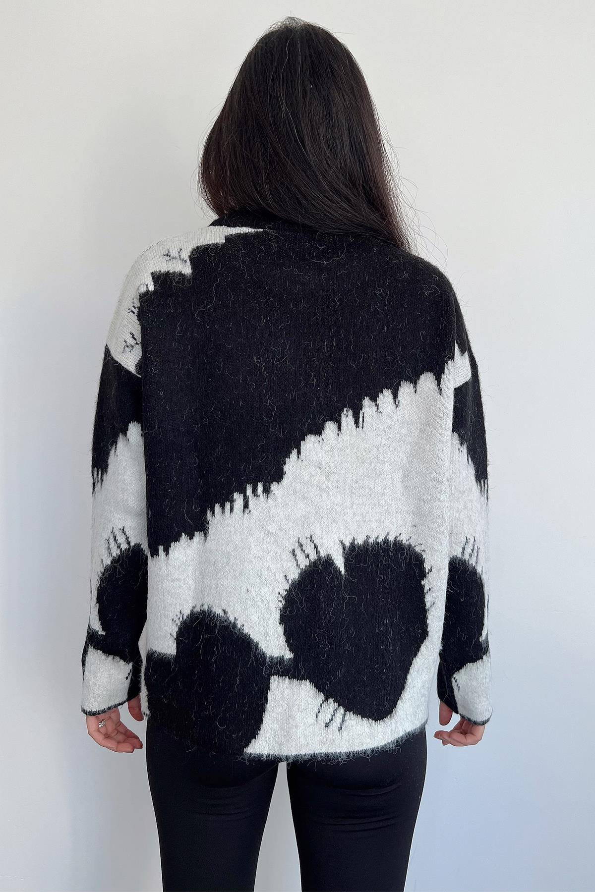 BİSİKLET YAKA ARA BOY 2 RENKLİ KAZAK SİYAH-KREM