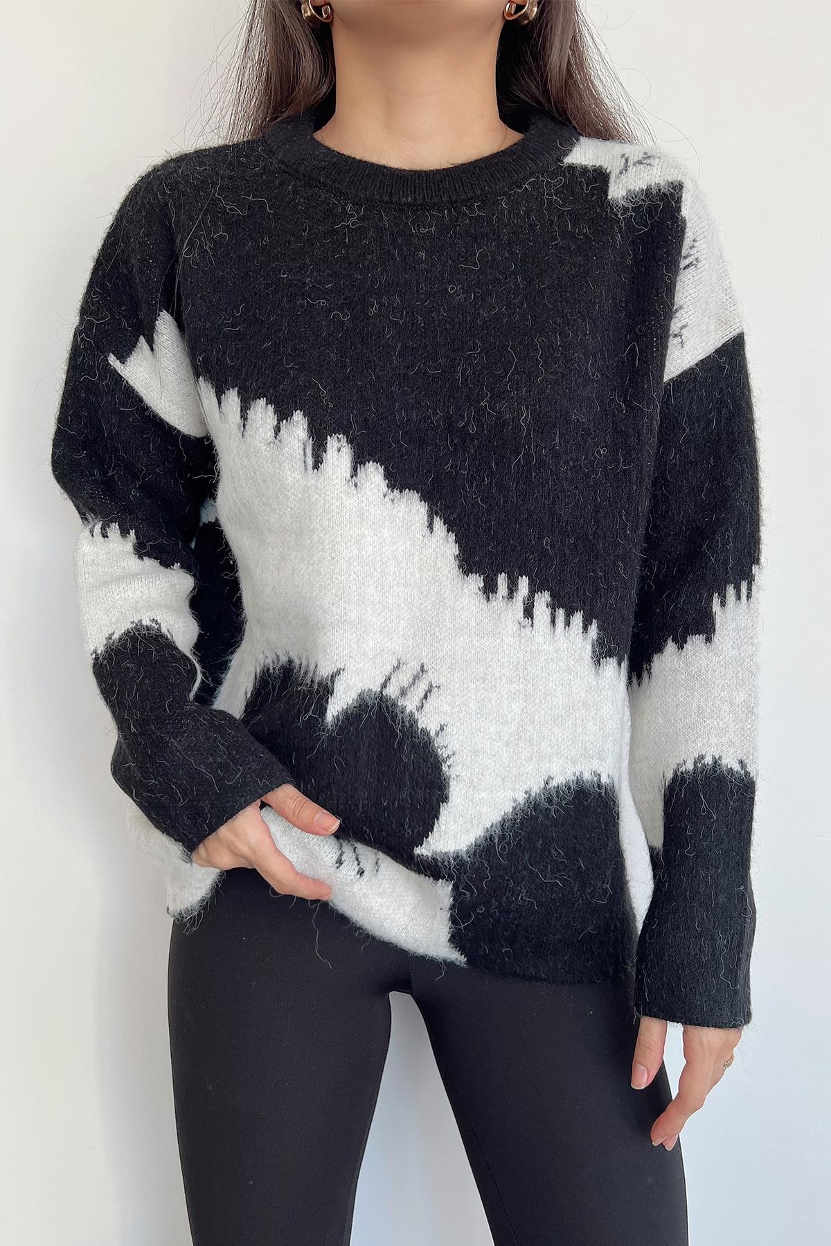 BİSİKLET YAKA ARA BOY 2 RENKLİ KAZAK SİYAH-KREM