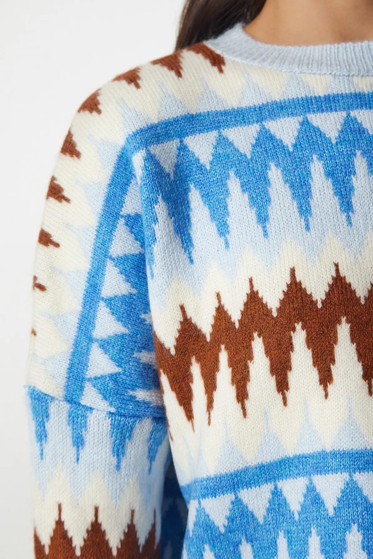 BİSİKLET YAKA DESENLİ TRİKO KAZAK BEBE MAVİ