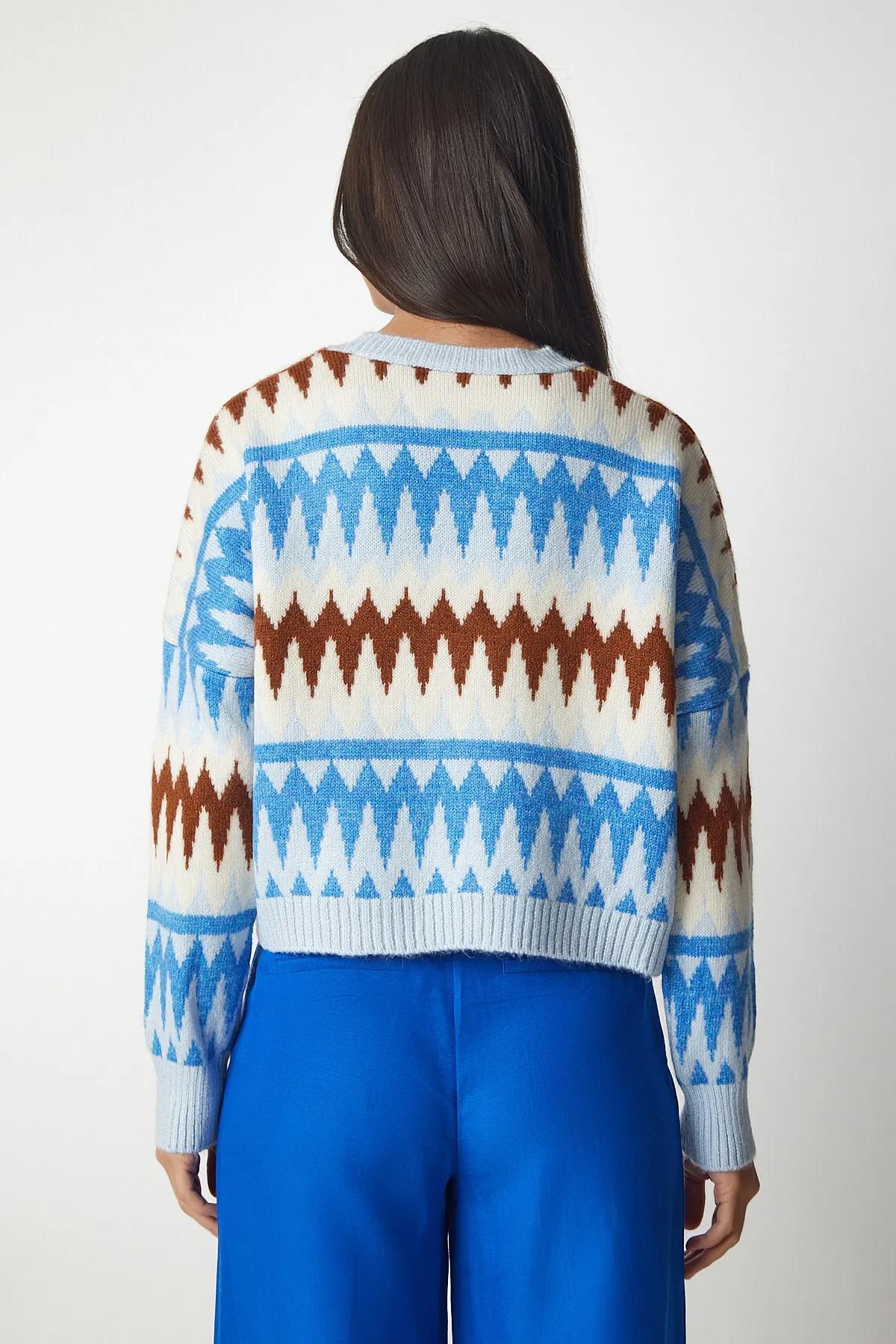 BİSİKLET YAKA DESENLİ TRİKO KAZAK BEBE MAVİ