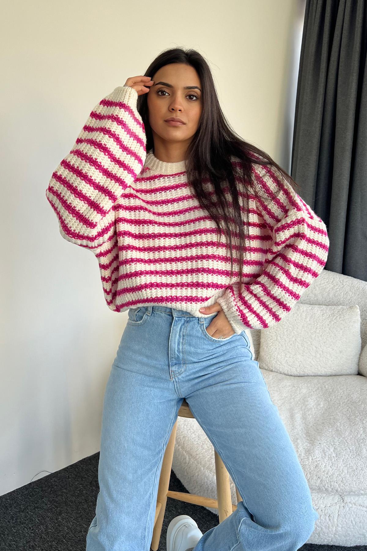 BİSİKLET YAKA OVERSİZE TRİKO KAZAK FUŞYA-EKRU