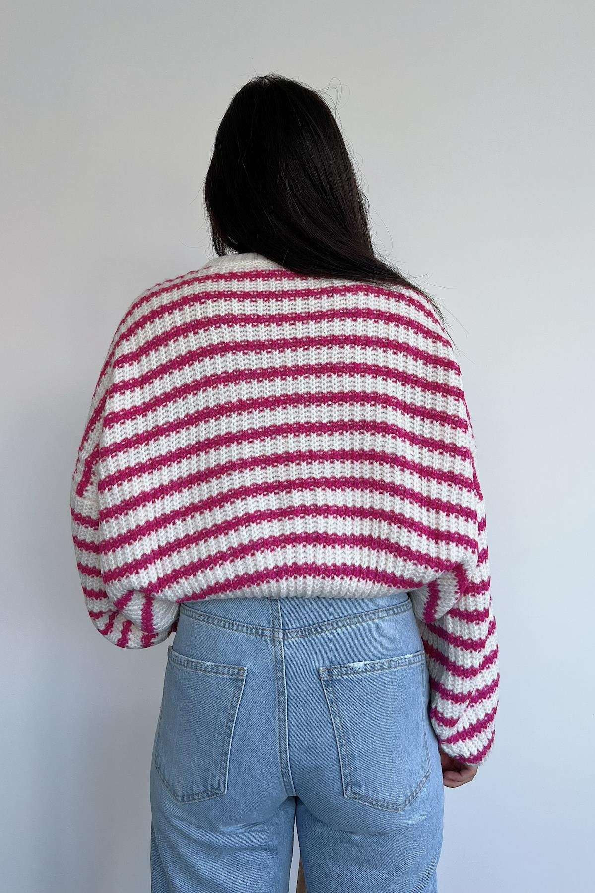 BİSİKLET YAKA OVERSİZE TRİKO KAZAK FUŞYA-EKRU