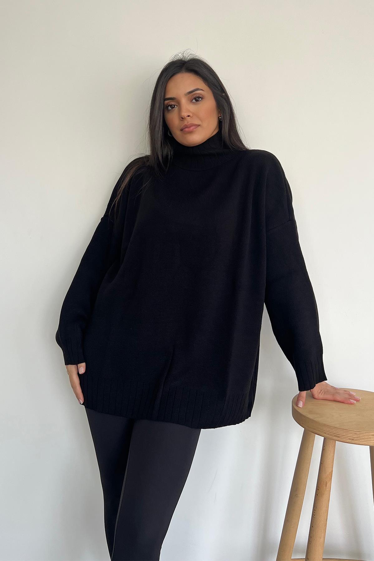 DİK YAKA ARA BOY TRİKO KAZAK SİYAH