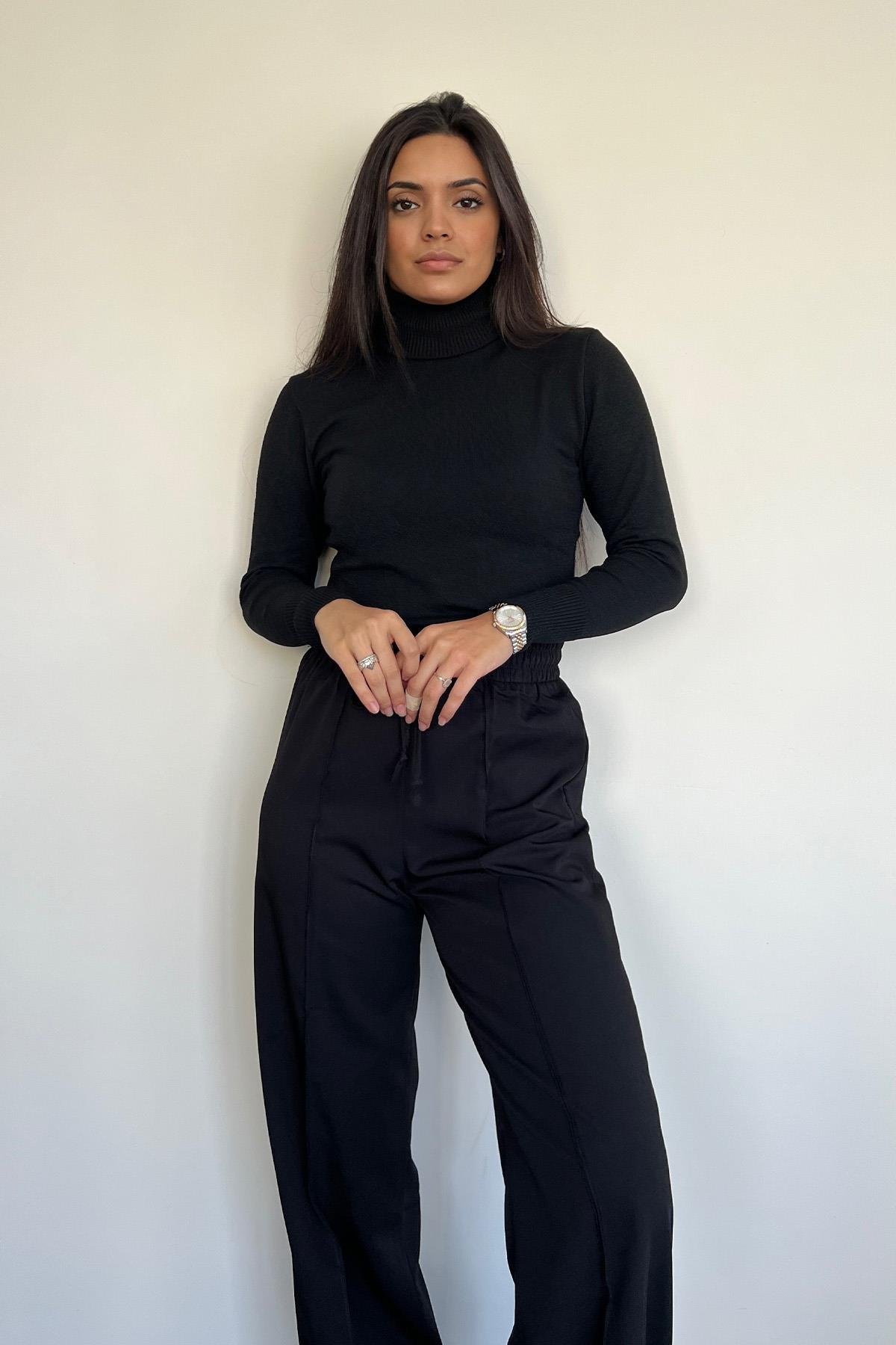 DÜZ BALIKÇI YAKA TRİKO KAZAK SİYAH