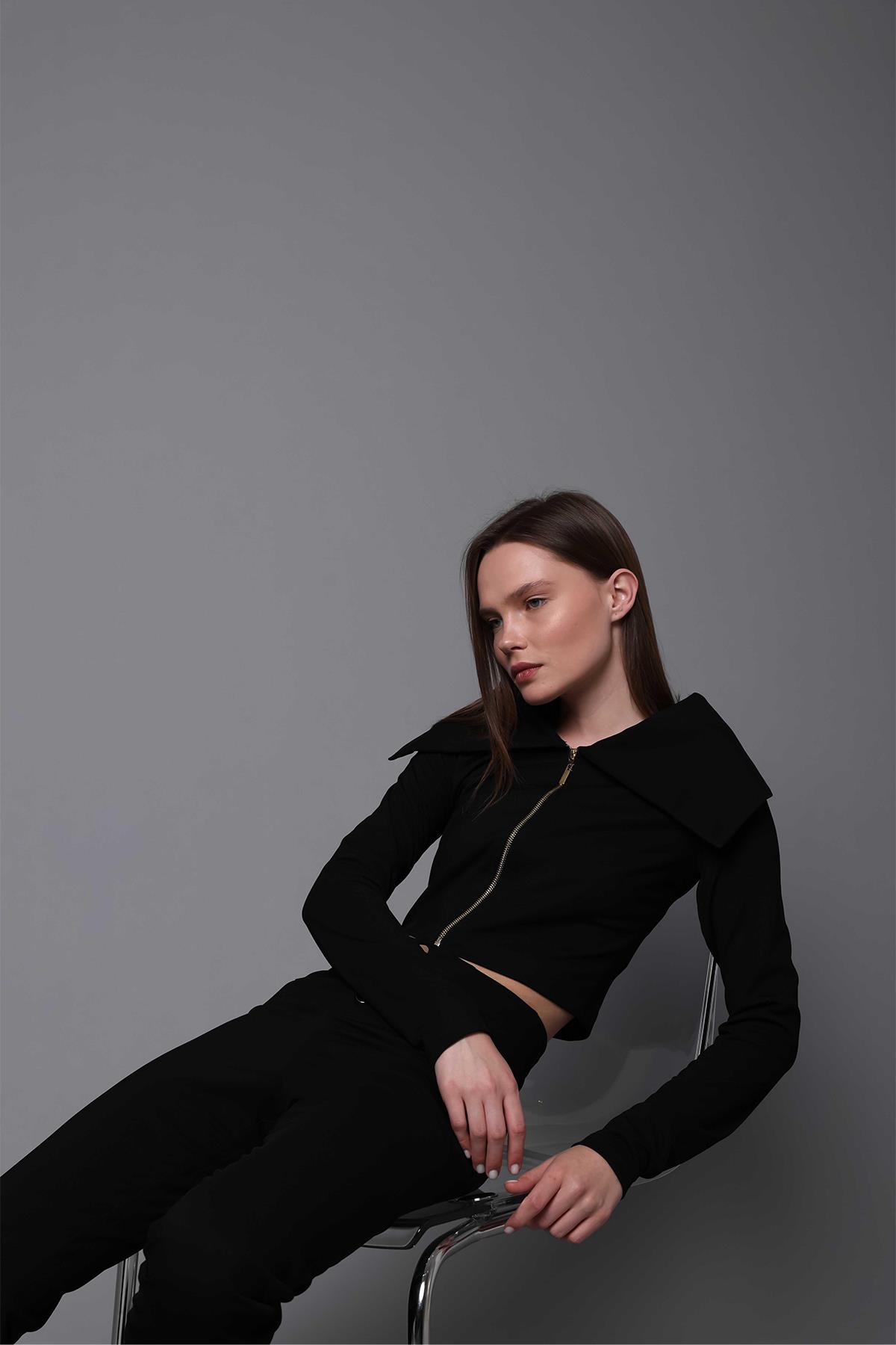 WIDE COLLAR ZIPPER CROP SWEATER