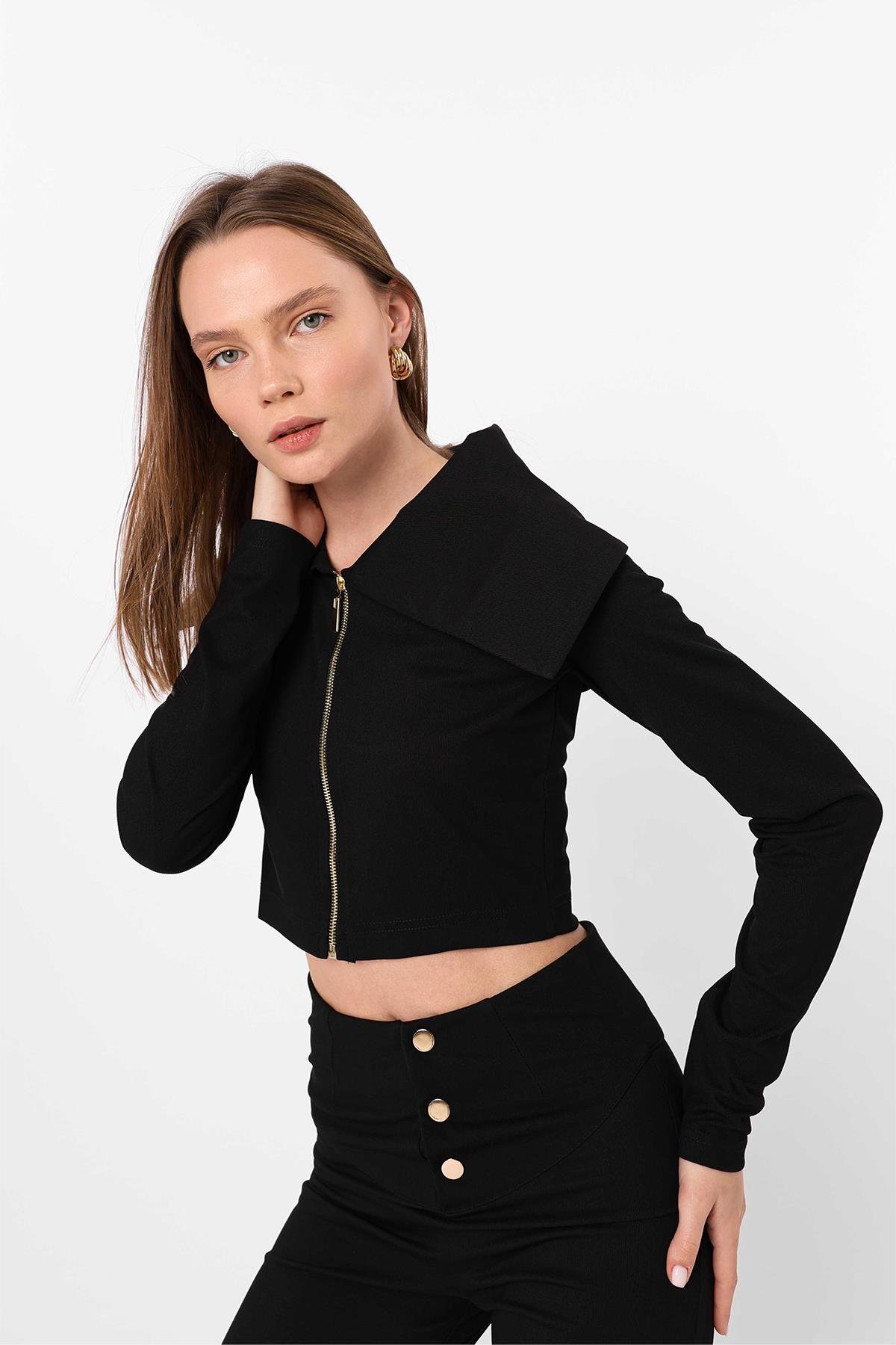 WIDE COLLAR ZIPPER CROP SWEATER