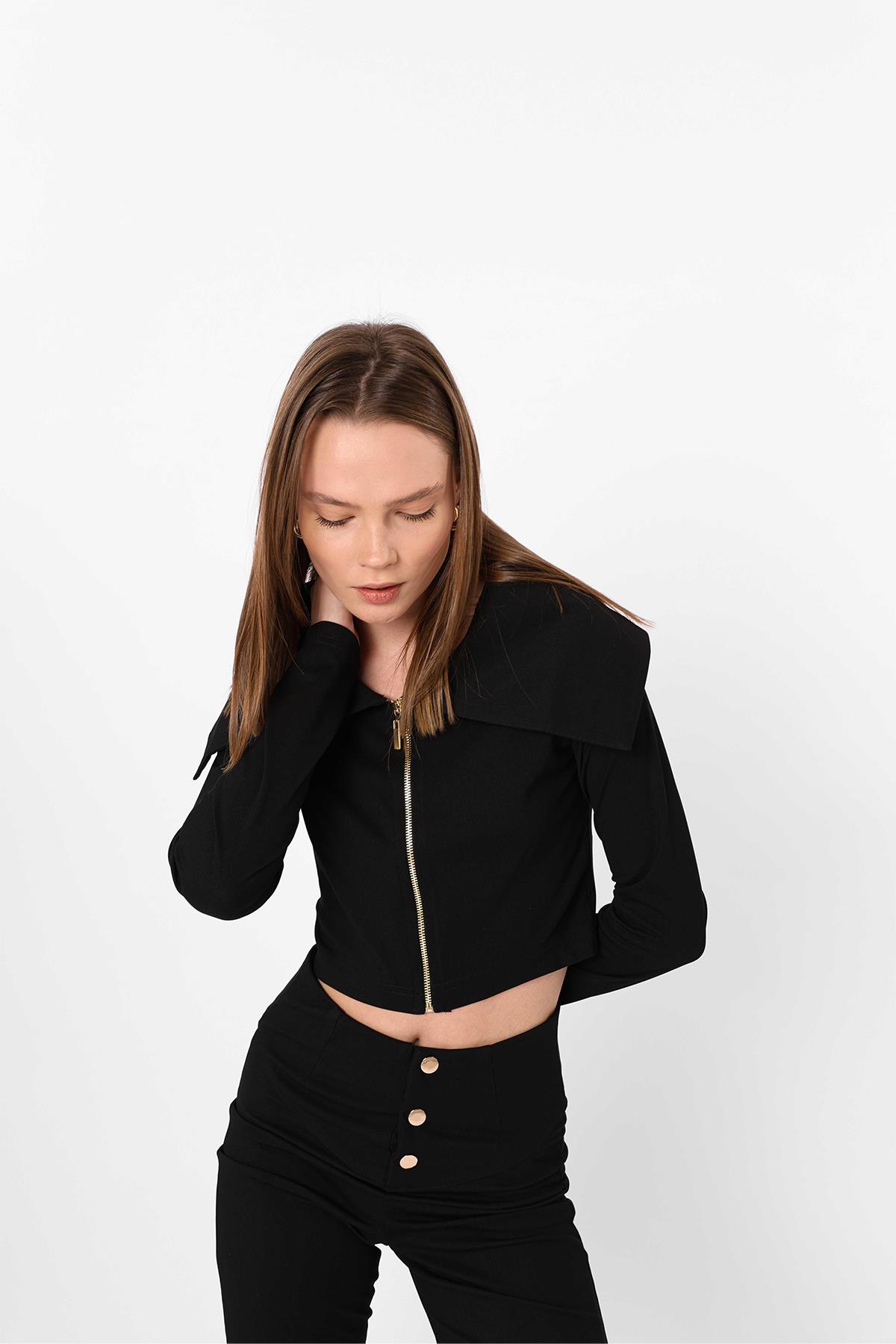 WIDE COLLAR ZIPPER CROP SWEATER