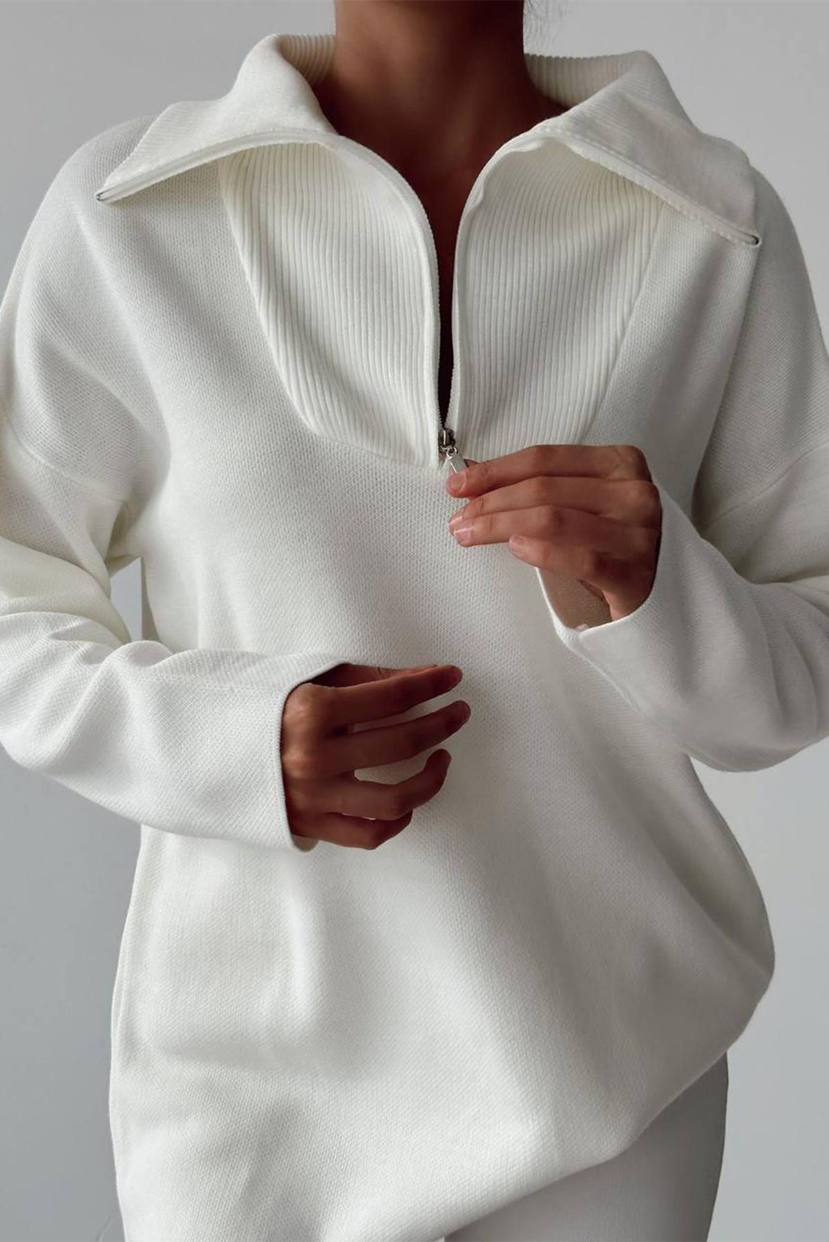 GENİŞ YAKA FERMUARLI TRİKO KAZAK EKRU