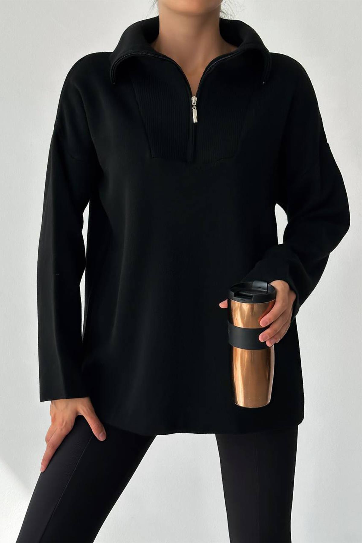 GENİŞ YAKA FERMUARLI TRİKO KAZAK SİYAH