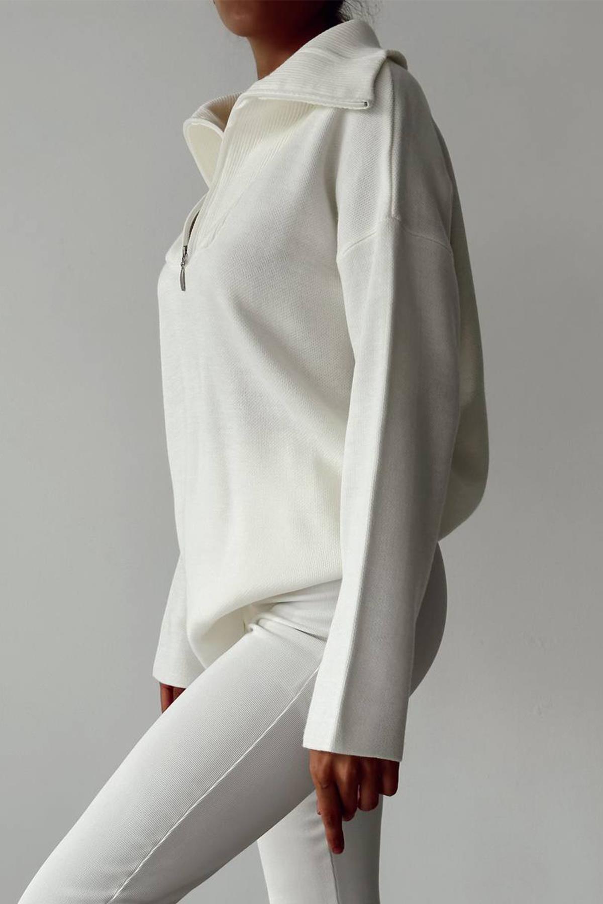GENİŞ YAKA FERMUARLI TRİKO KAZAK EKRU