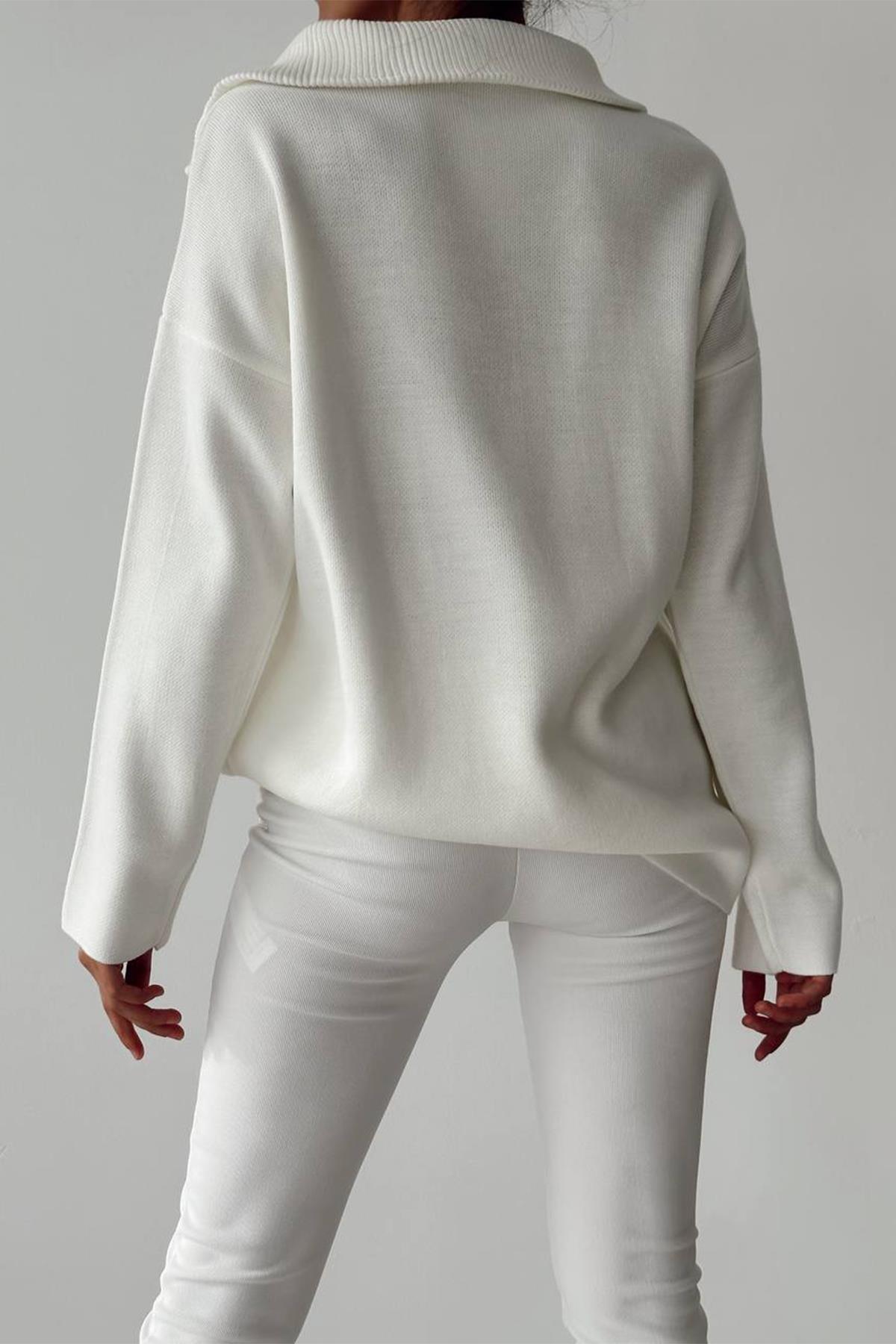 GENİŞ YAKA FERMUARLI TRİKO KAZAK EKRU