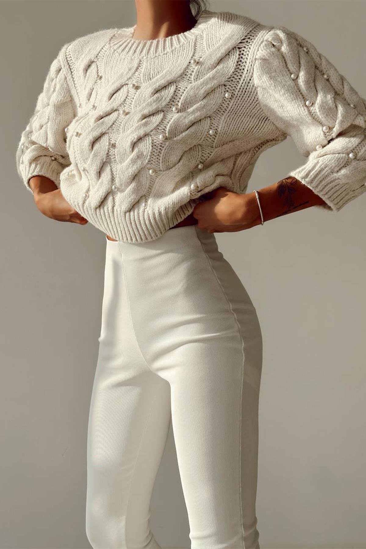 KOLLARI GENİŞ İNCİLİ CROP KAZAK EKRU