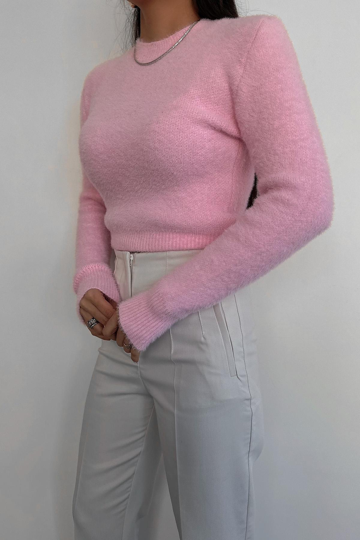 PELUŞ BİSİKLET YAKA BELİ LASTİKLİ KAZAK ŞEKER PEMBE