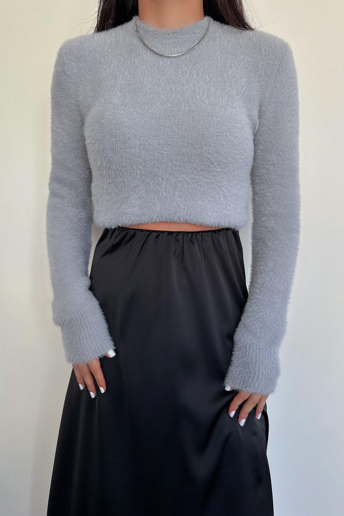 PELUŞ BİSİKLET YAKA BELİ LASTİKLİ KAZAK GRİ