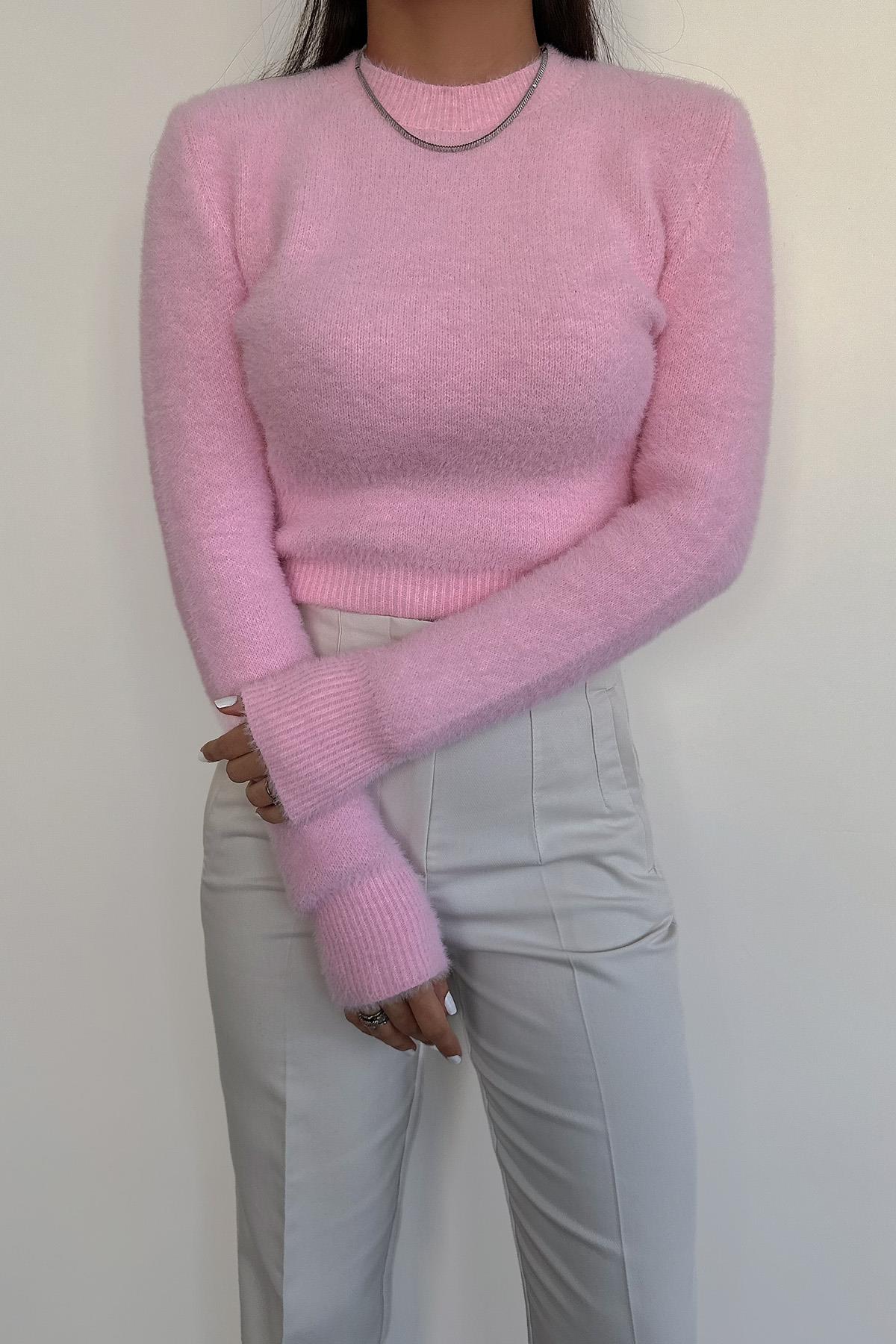 PELUŞ BİSİKLET YAKA BELİ LASTİKLİ KAZAK ŞEKER PEMBE