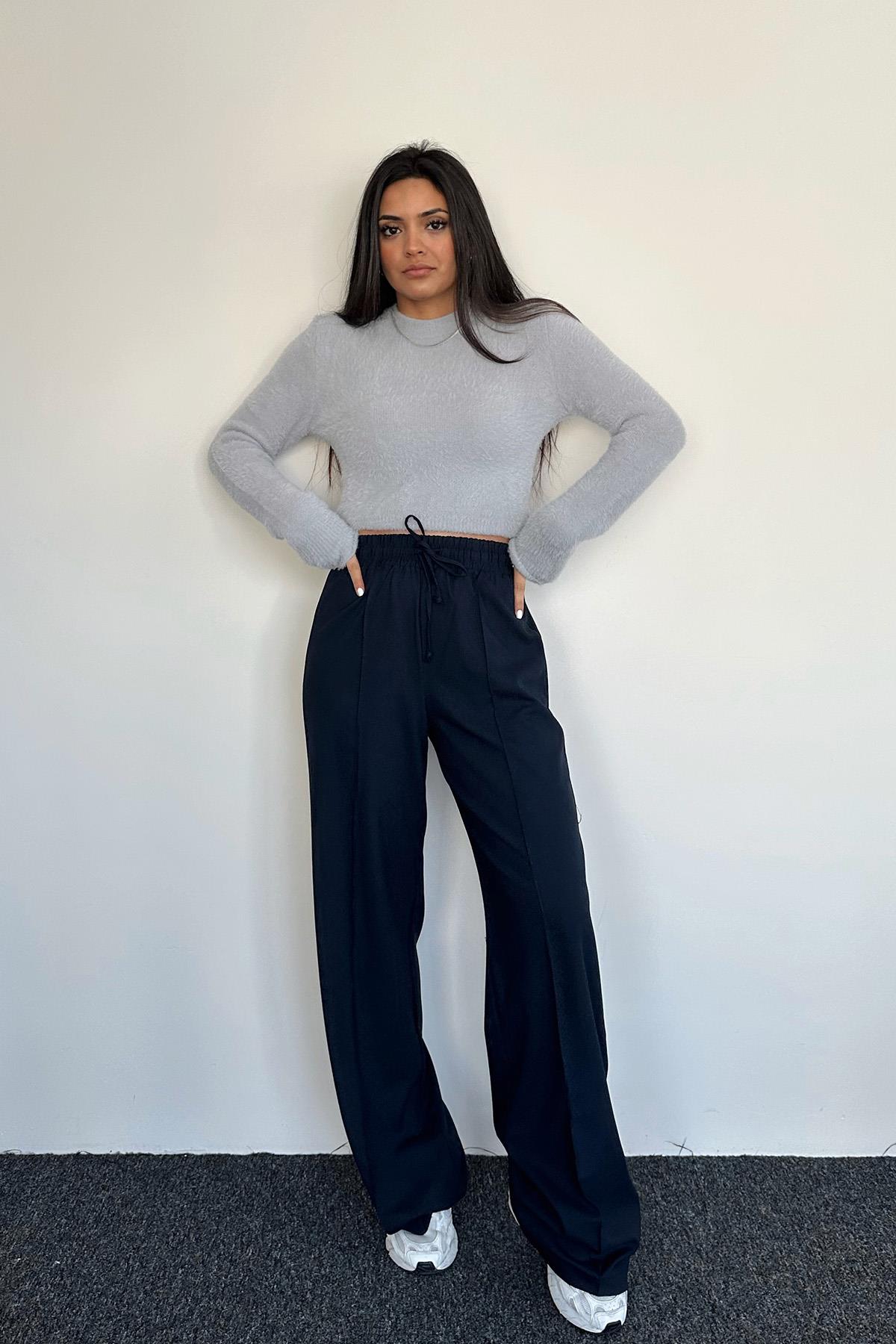 PELUŞ BİSİKLET YAKA BELİ LASTİKLİ KAZAK GRİ