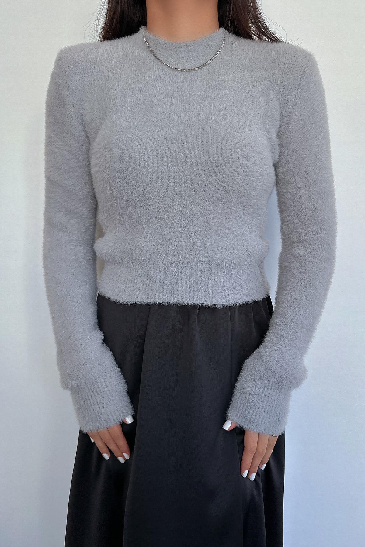 PELUŞ BİSİKLET YAKA BELİ LASTİKLİ KAZAK GRİ