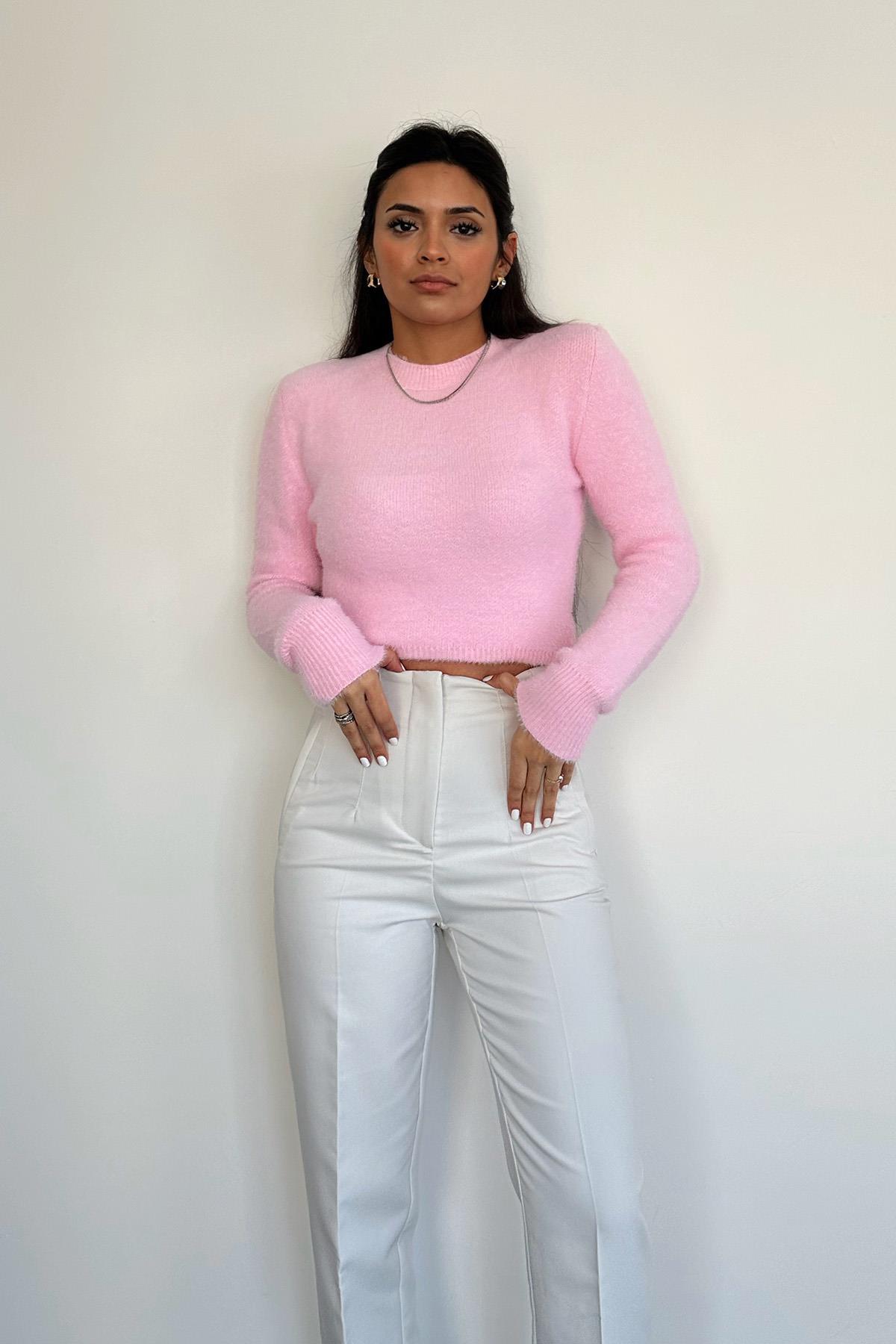 PELUŞ BİSİKLET YAKA BELİ LASTİKLİ KAZAK ŞEKER PEMBE