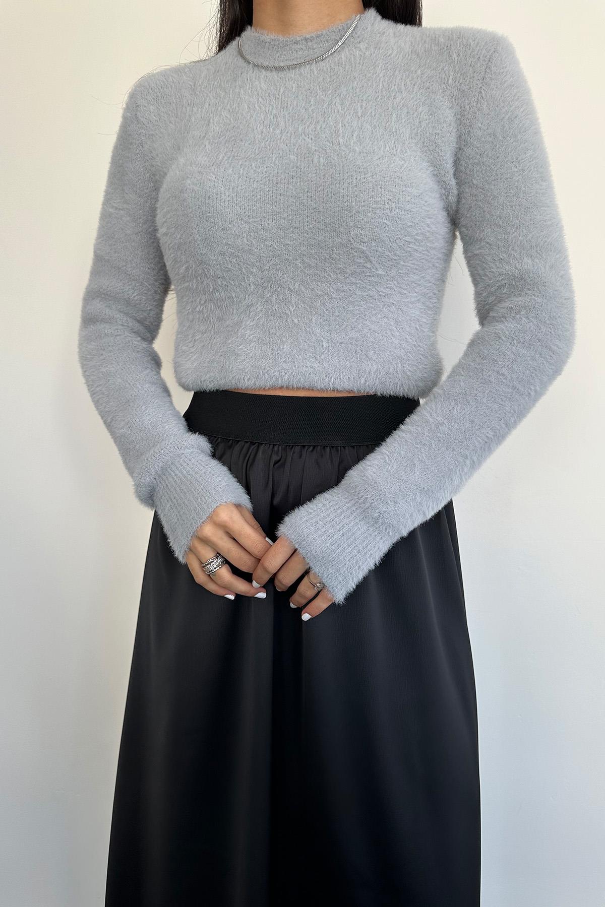 PELUŞ BİSİKLET YAKA BELİ LASTİKLİ KAZAK GRİ