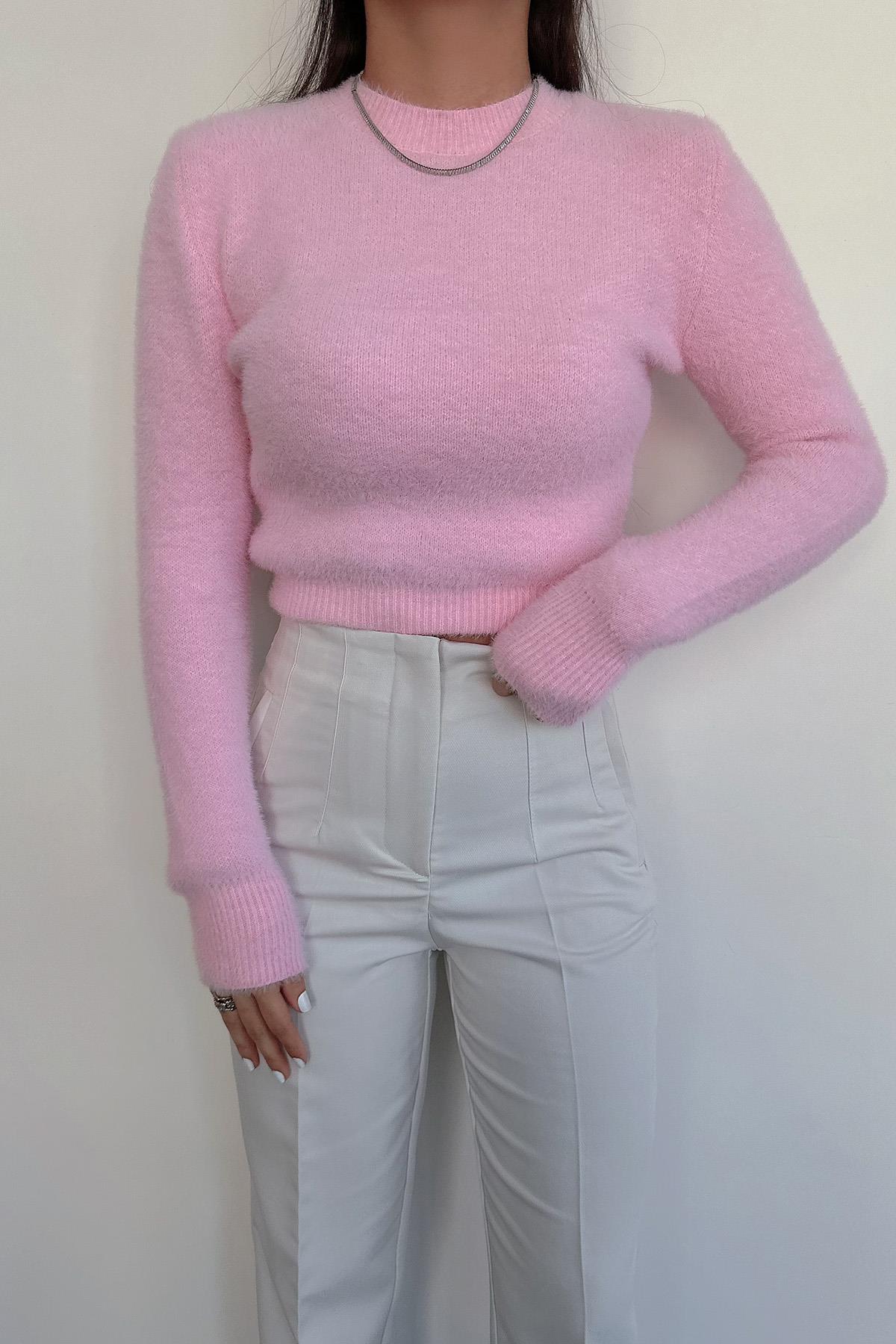 PELUŞ BİSİKLET YAKA BELİ LASTİKLİ KAZAK ŞEKER PEMBE