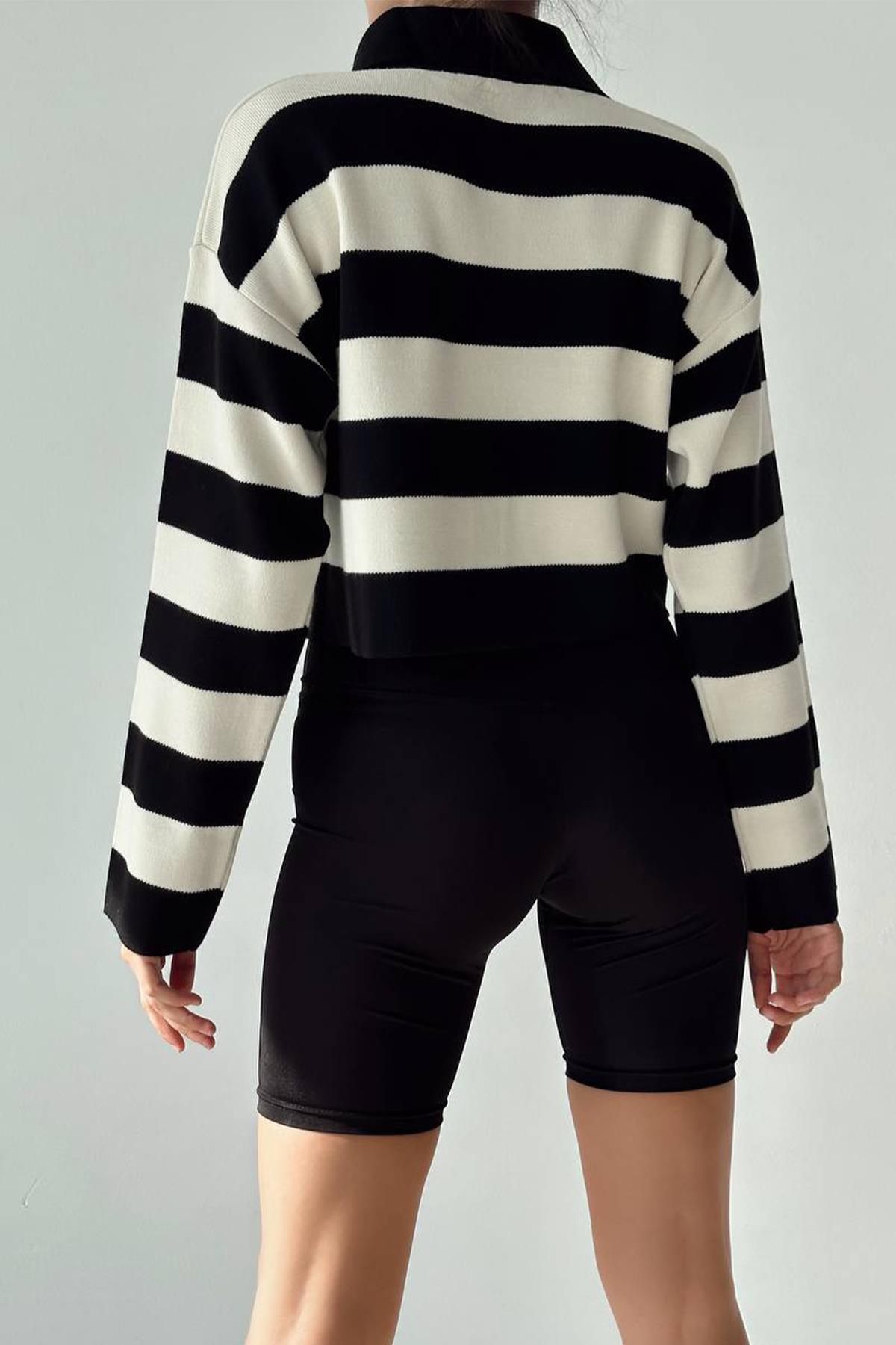 POLO YAKA TAŞLI DÜĞMELİ CROP KAZAK SİYAH-EKRU