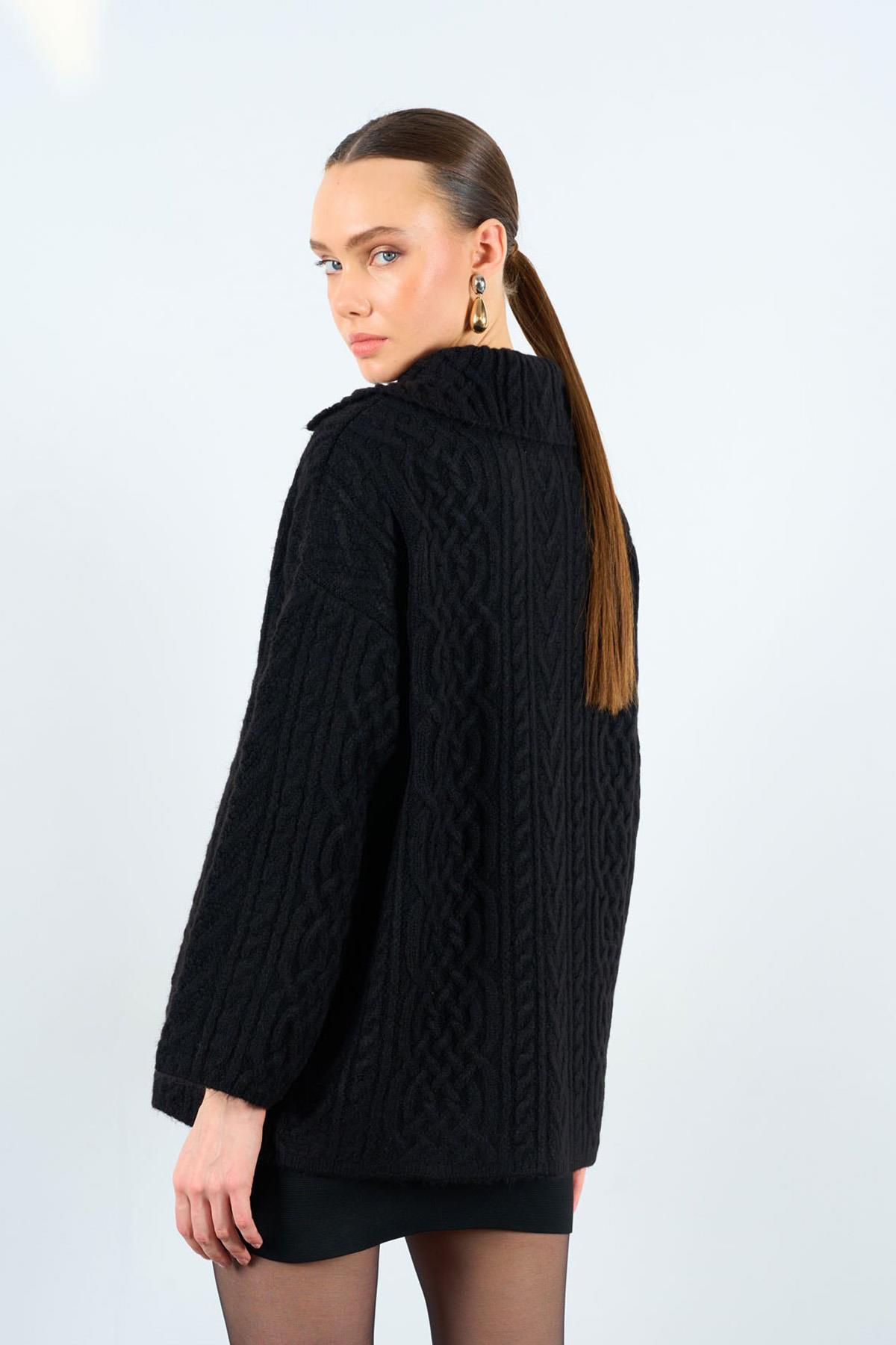 V YAKA ÖRGÜ DESEN TRİKO KAZAK SİYAH